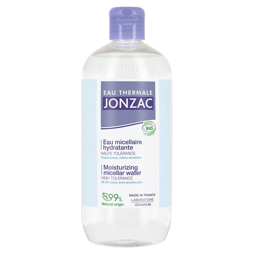 Jonzac Eau Micellaire Hydratante Bio fles. Lichtblauwe vloeistof, paarse dop. Bio-certificering.