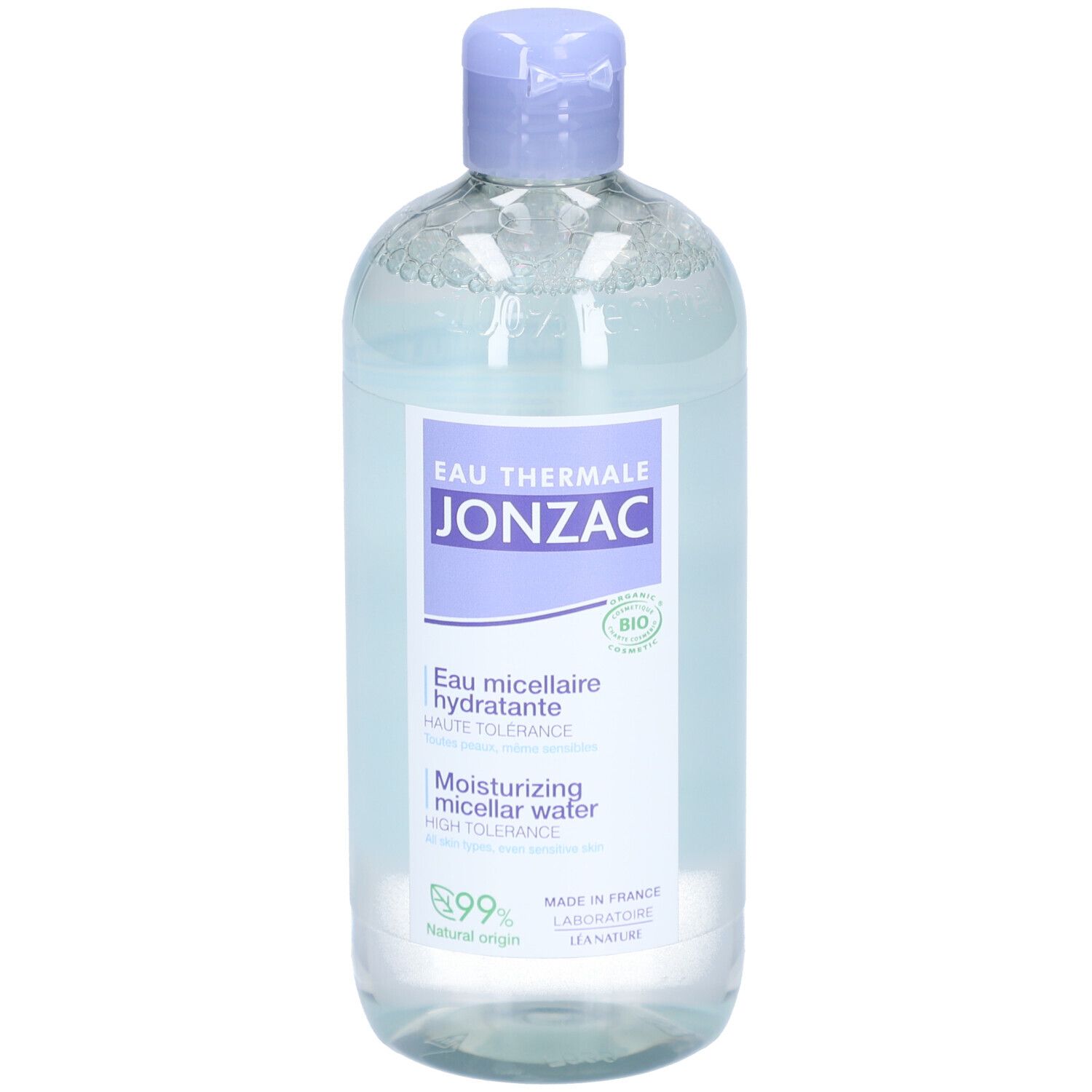 Jonzac Eau Micellaire Hydratante Bio fles. Lichtblauwe vloeistof, paarse dop. Bio-certificering.