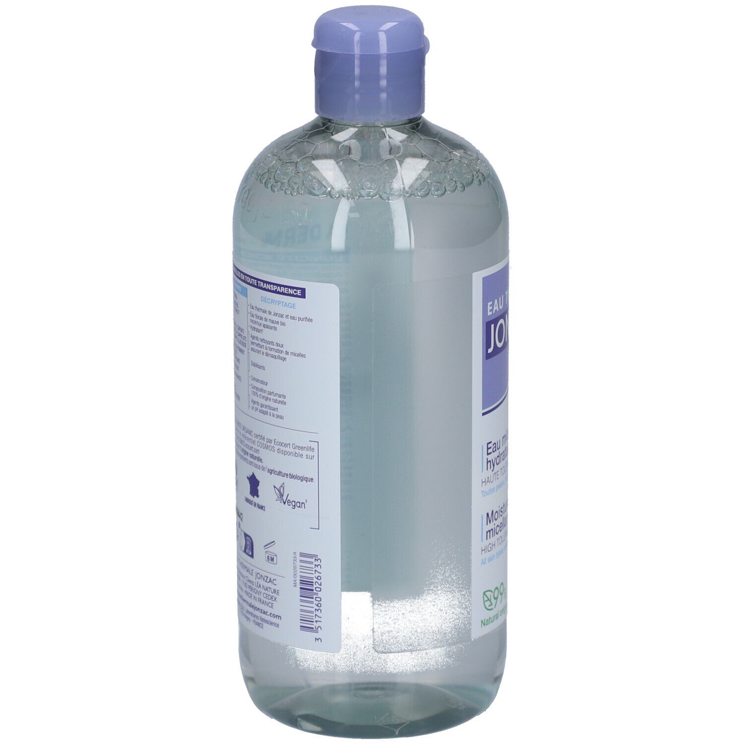 Achterkant Jonzac Eau Micellaire Hydratante Bio fles. Ingrediënten, certificeringen, herkomst.