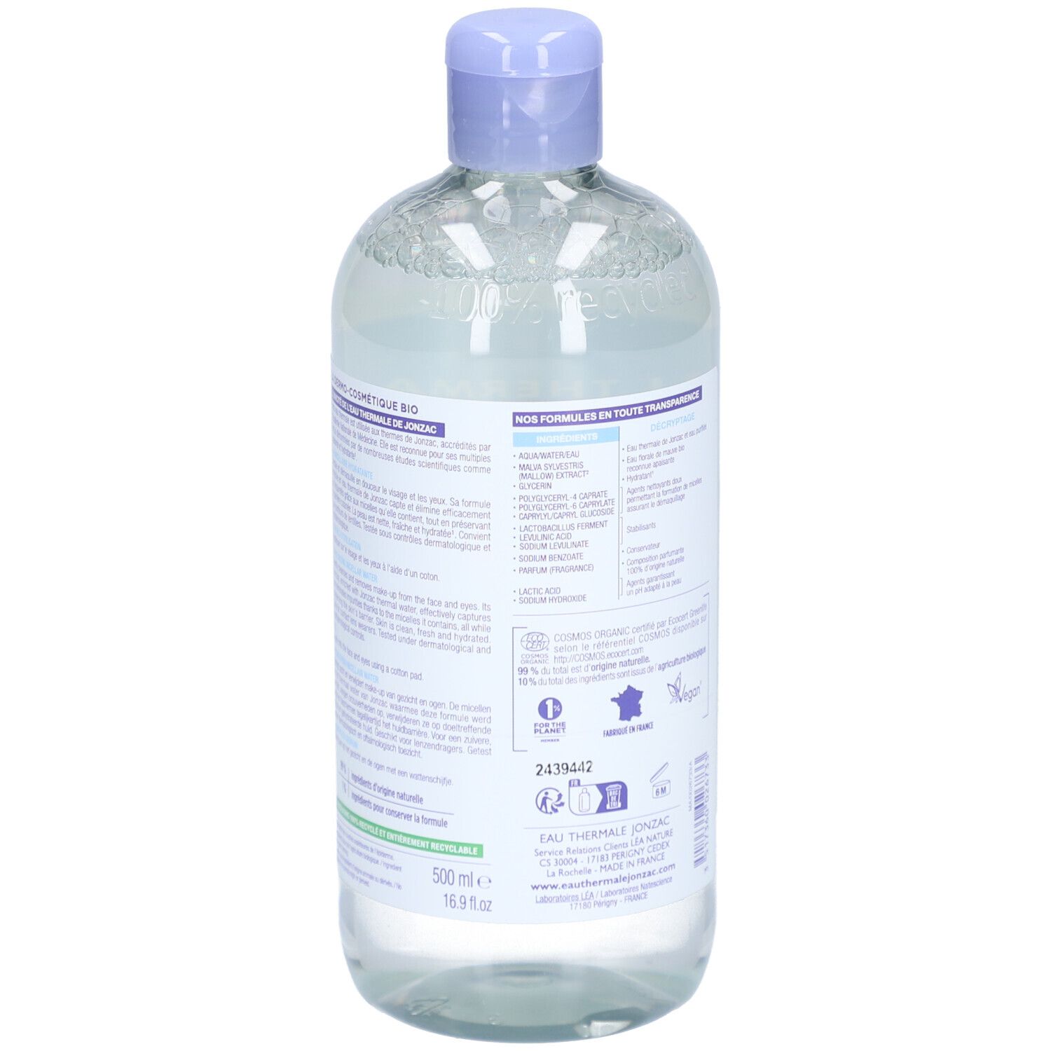 Achterkant Jonzac Eau Micellaire Hydratante Bio fles. Gebruiksaanwijzing, ingrediënten, certificeringen.