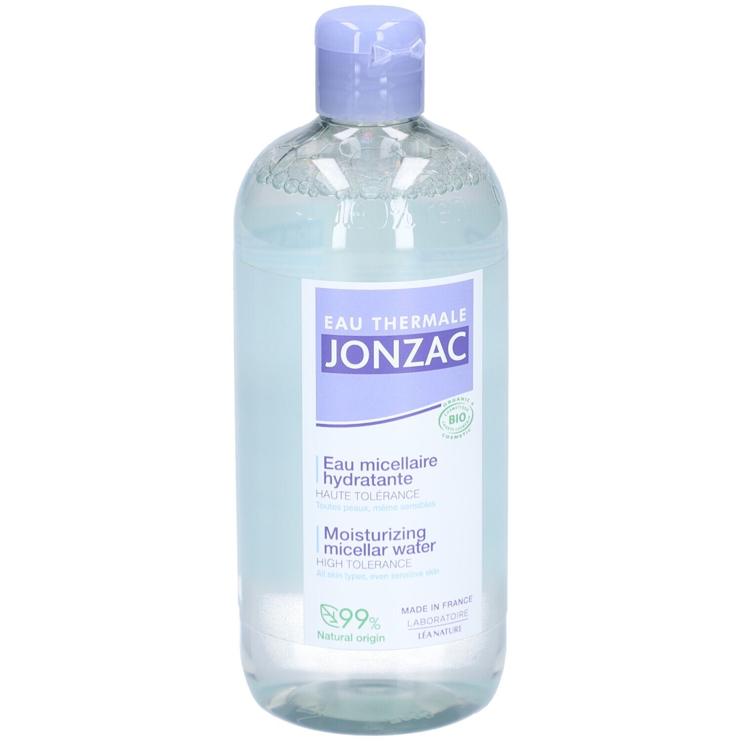 Jonzac Eau Micellaire Hydratante Bio fles. Lichtblauwe vloeistof, paarse dop. Bio-certificering.