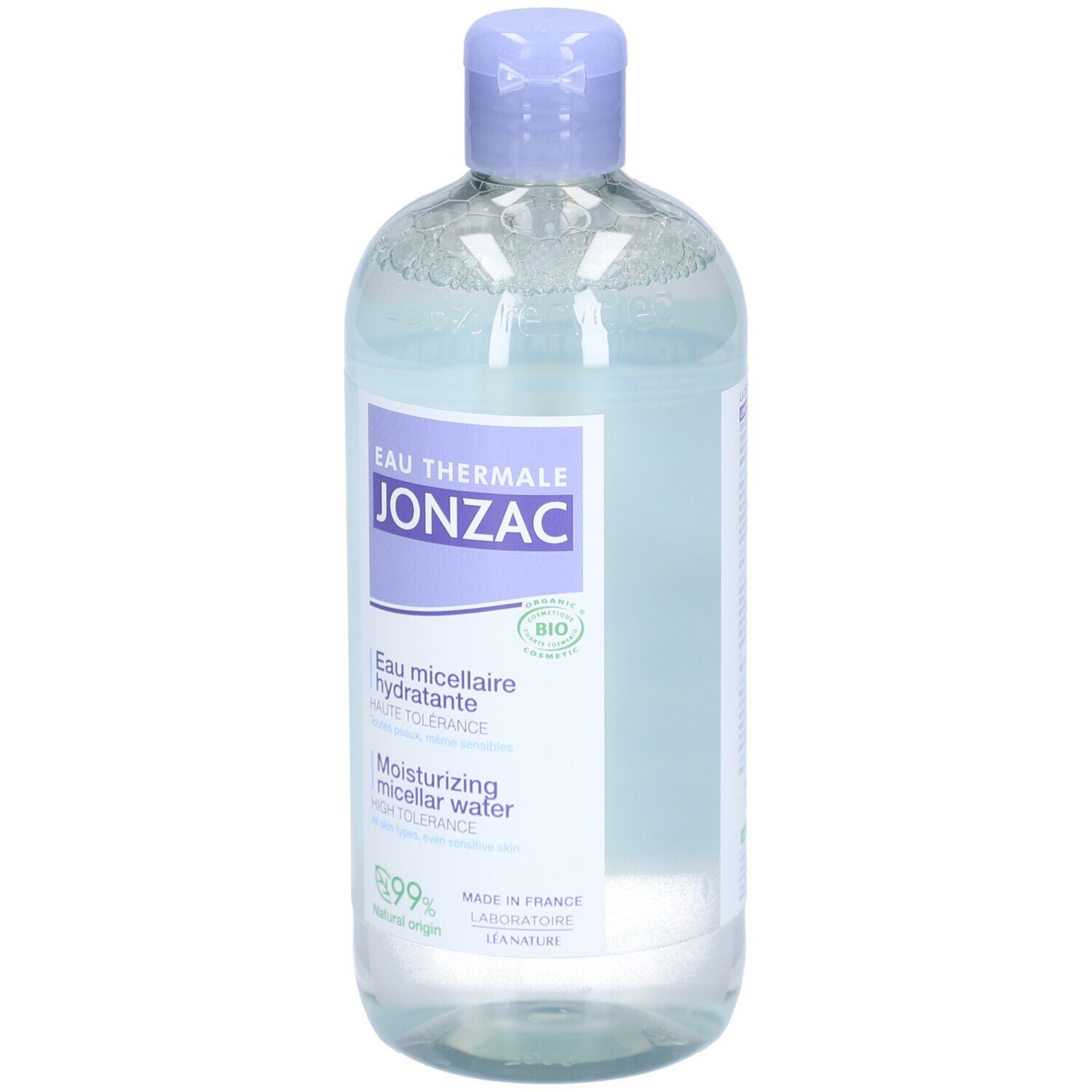 Jonzac Eau Micellaire Hydratante Bio fles. Lichtblauwe vloeistof, paarse dop. Bio-certificering.