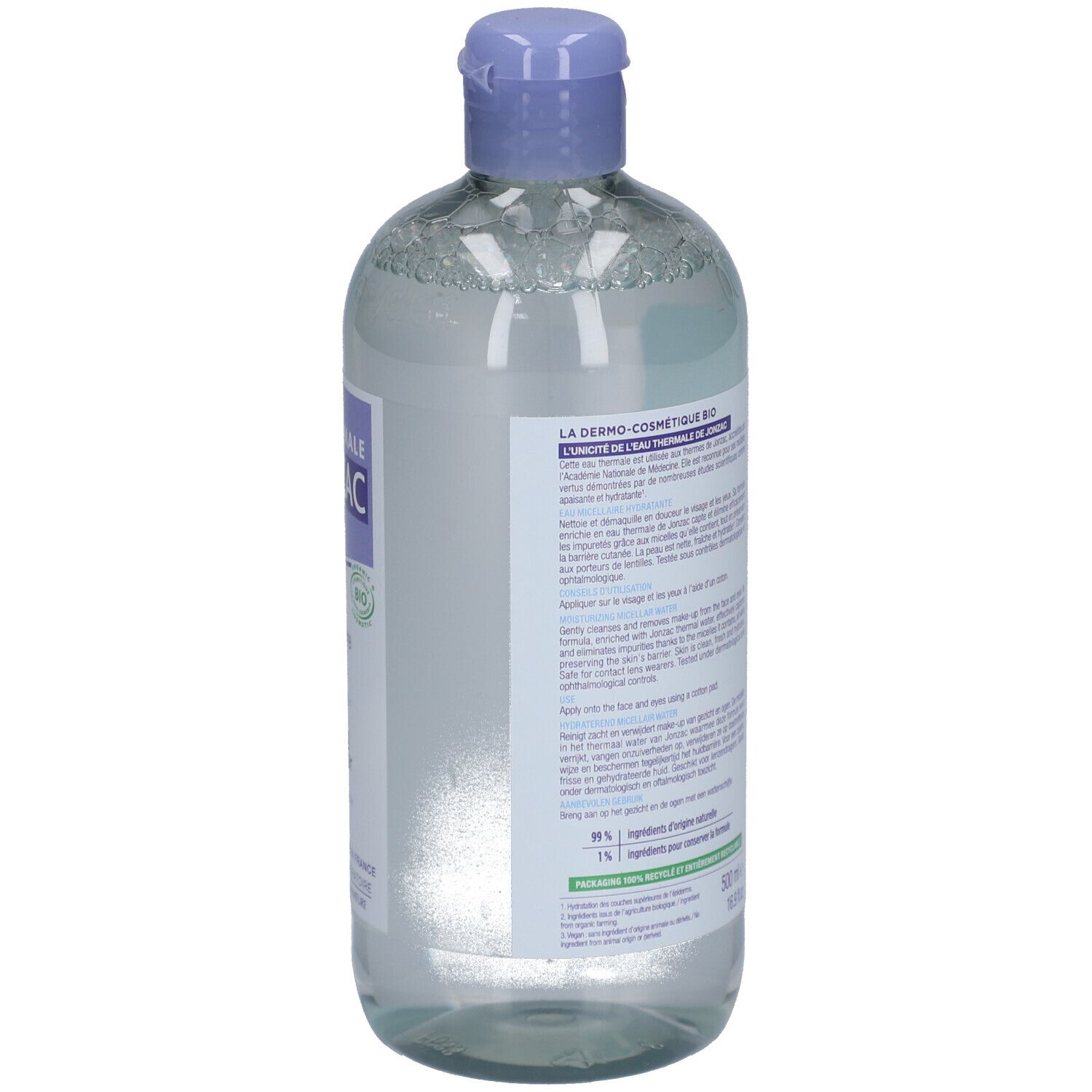 Achterkant Jonzac Eau Micellaire Hydratante Bio fles. Gebruiksaanwijzing, ingrediënten, certificeringen.