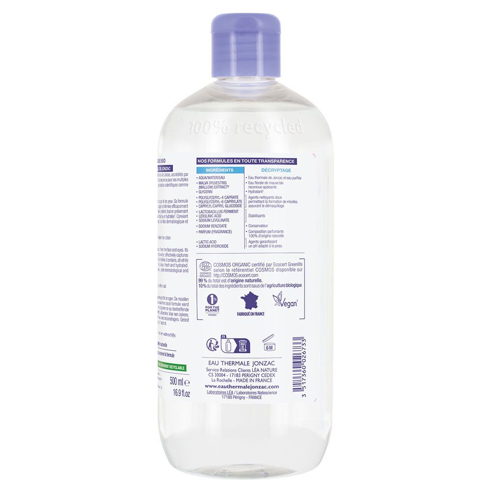 Achterkant Jonzac Eau Micellaire Hydratante Bio fles. Ingrediënten, certificeringen, herkomst.