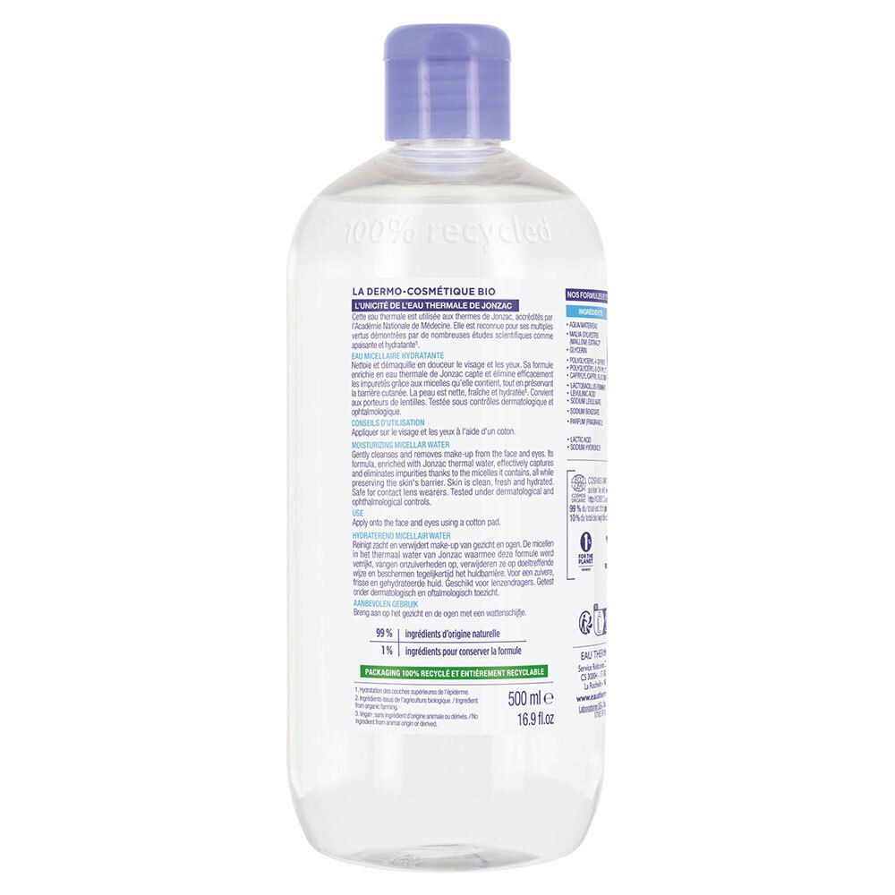 Achterkant Jonzac Eau Micellaire Hydratante Bio fles. Gebruiksaanwijzing, ingrediënten, certificeringen.