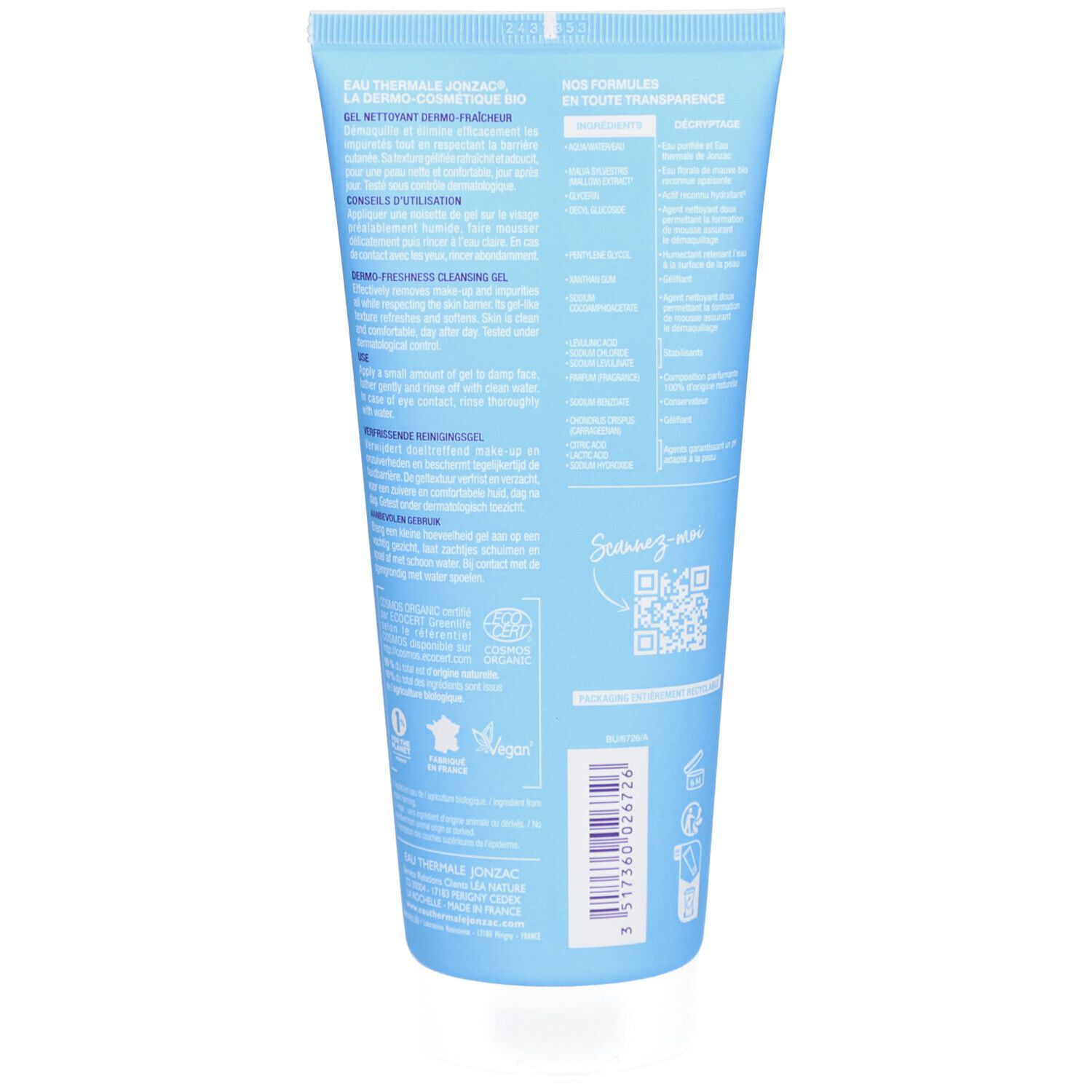 Achterkant van een blauwe tube. Tekst: productinformatie, ingrediënten, gebruiksaanwijzing. Bio-certificering, QR-code, barcode.