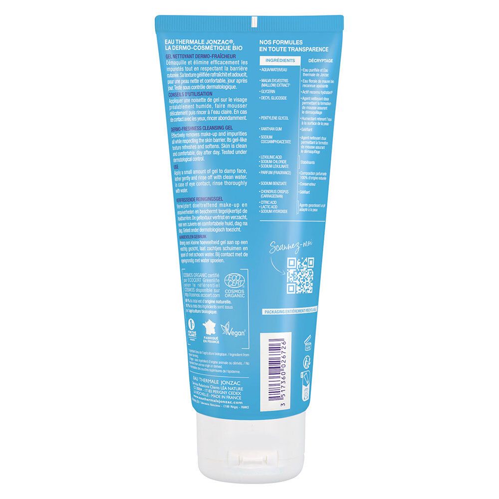 Achterkant van een blauwe tube. Tekst: productinformatie, ingrediënten, gebruiksaanwijzing. Bio-certificering, QR-code, barcode.
