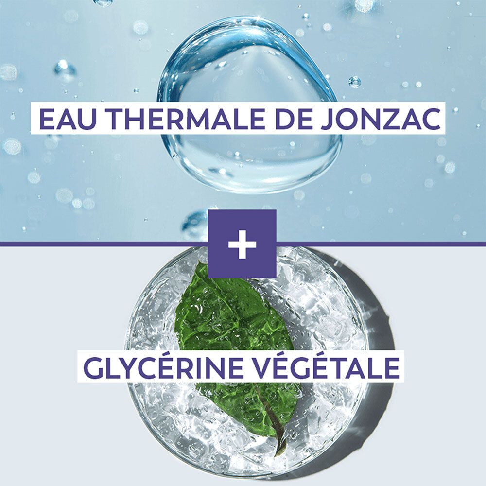 Afbeelding met waterdruppels en bel. Tekst: Eau Thermale de Jonzac + Glycérine Végétale.
