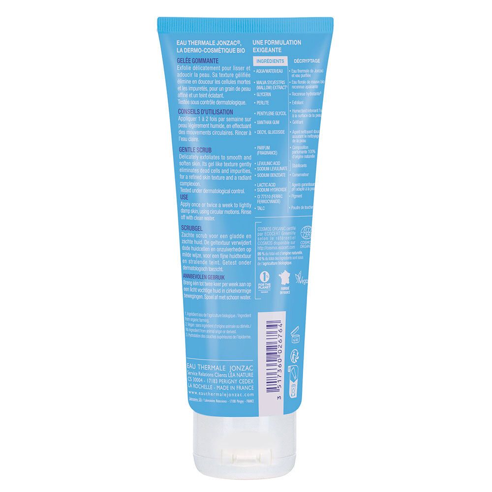Achterkant van een lichtblauwe tube. Tekst: Eau Thermale Jonzac, Gelée gommante. Ingrediënten, gebruiksaanwijzing. Bio-certificering.