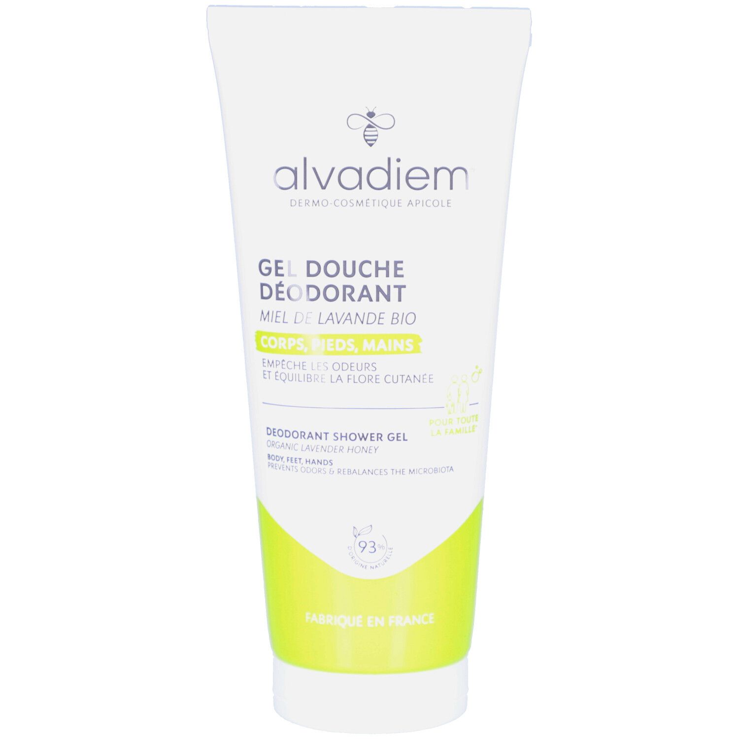 Witte en groene tube. Opschrift: ALVADIEM, Gel Douche Déodorant, honing, lavendel. Bijenlogo. 93% ingrediënten van natuurlijke oorsprong.