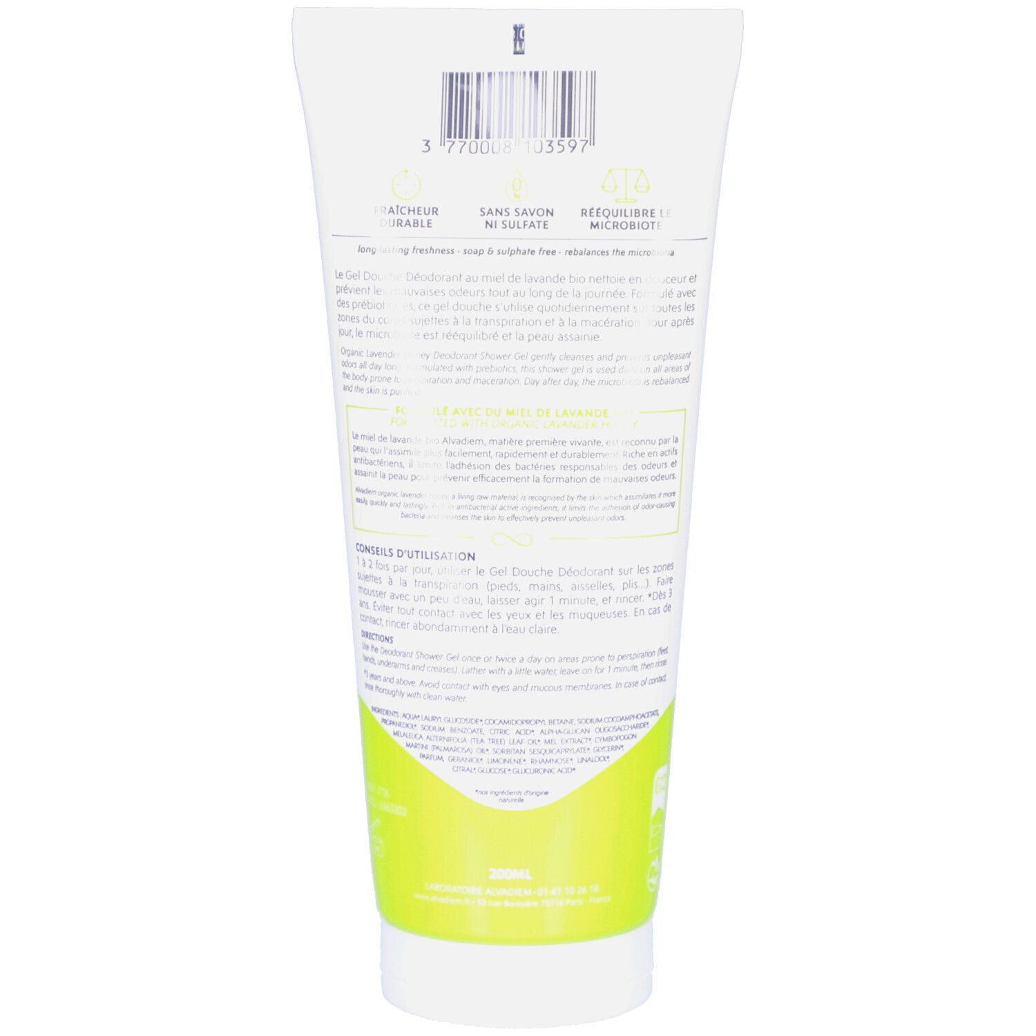 Achterkant van de tube. Tekst in meerdere talen. Streepjescode. Opschrift: Zonder zeep, zonder sulfaat, vermindert microben.