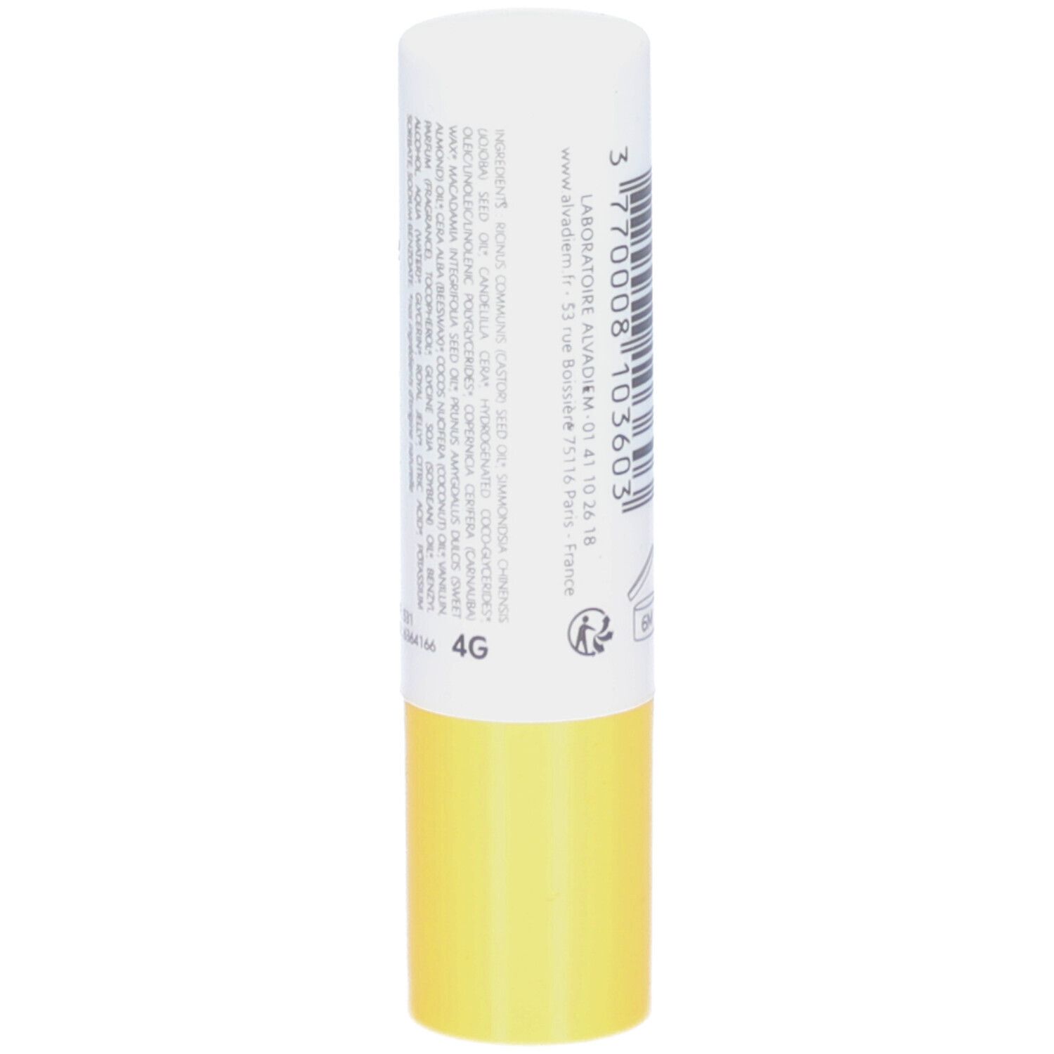 Stick lèvres blanc et jaune. Texte au dos. Indication 4G.