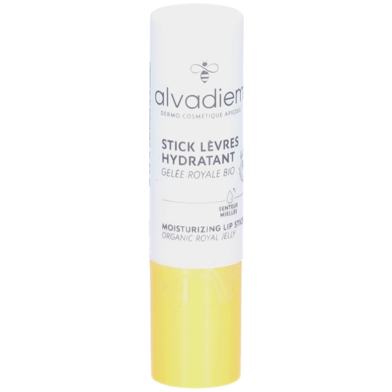 Stick lèvres blanc et jaune. Inscription: ALVADIEM, STICK LÈVRES HYDRATANT, Gelee Royale Bio. Parfum miel.