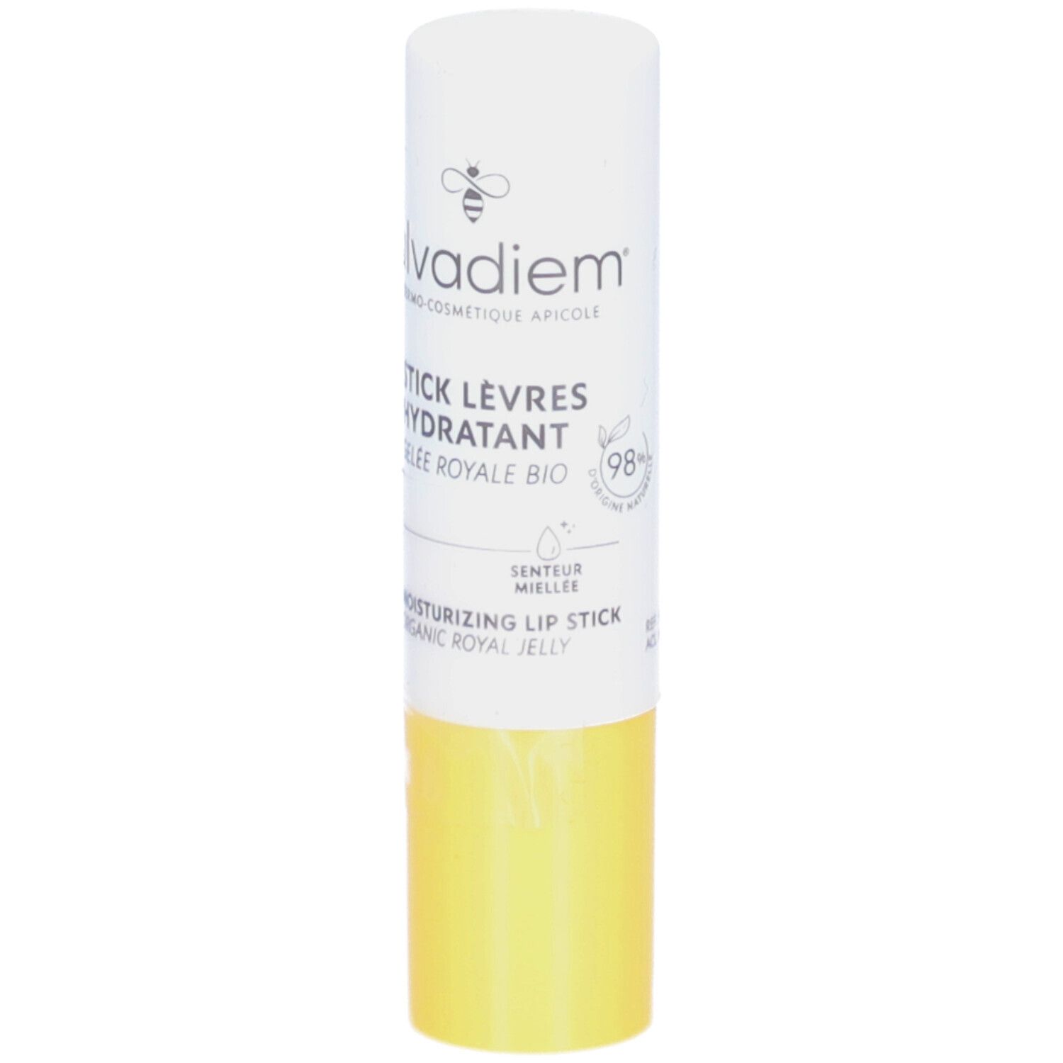 Stick lèvres blanc et jaune. Inscription: ALVADIEM, STICK LÈVRES HYDRATANT, Gelee Royale Bio. 98% naturel.