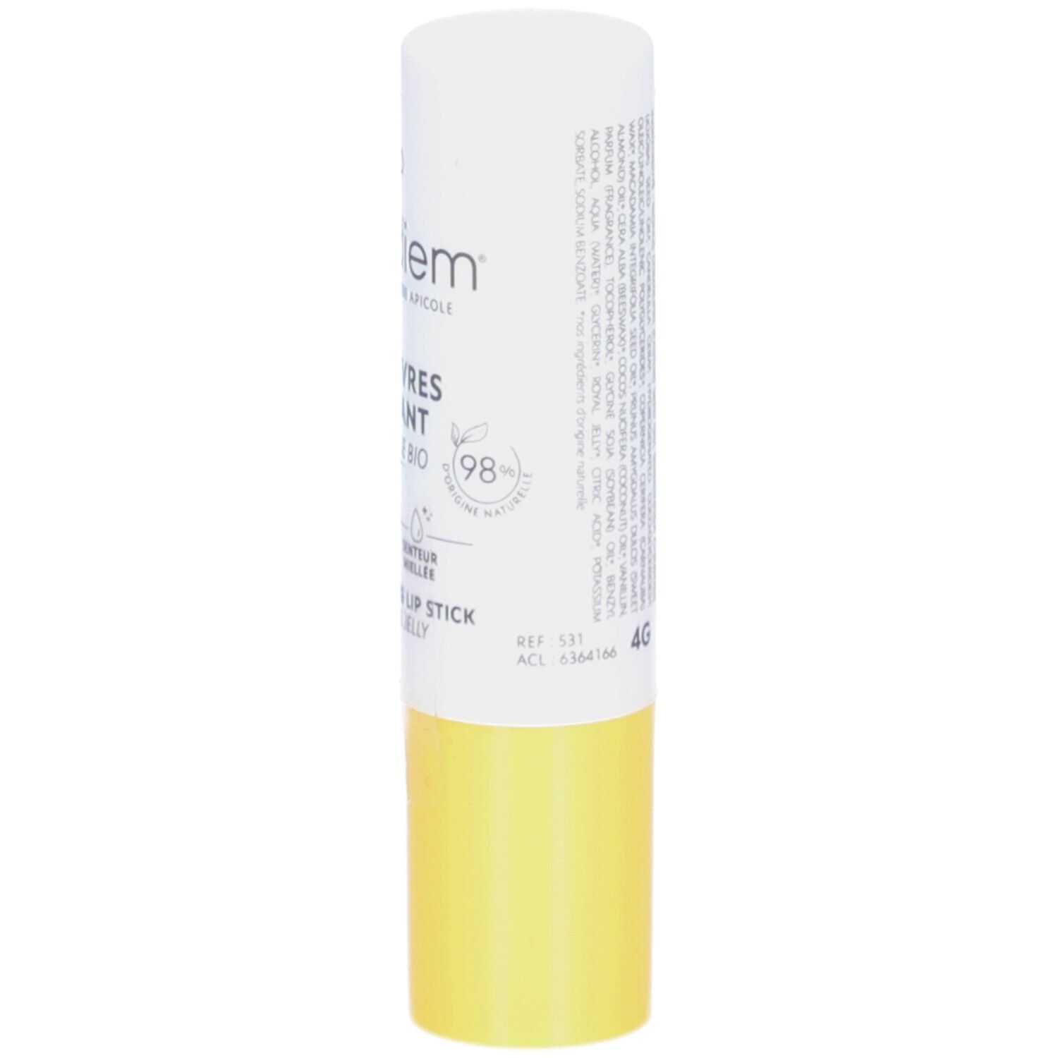 Stick lèvres blanc et jaune. Texte au dos. 98% naturel. Indication 4G.