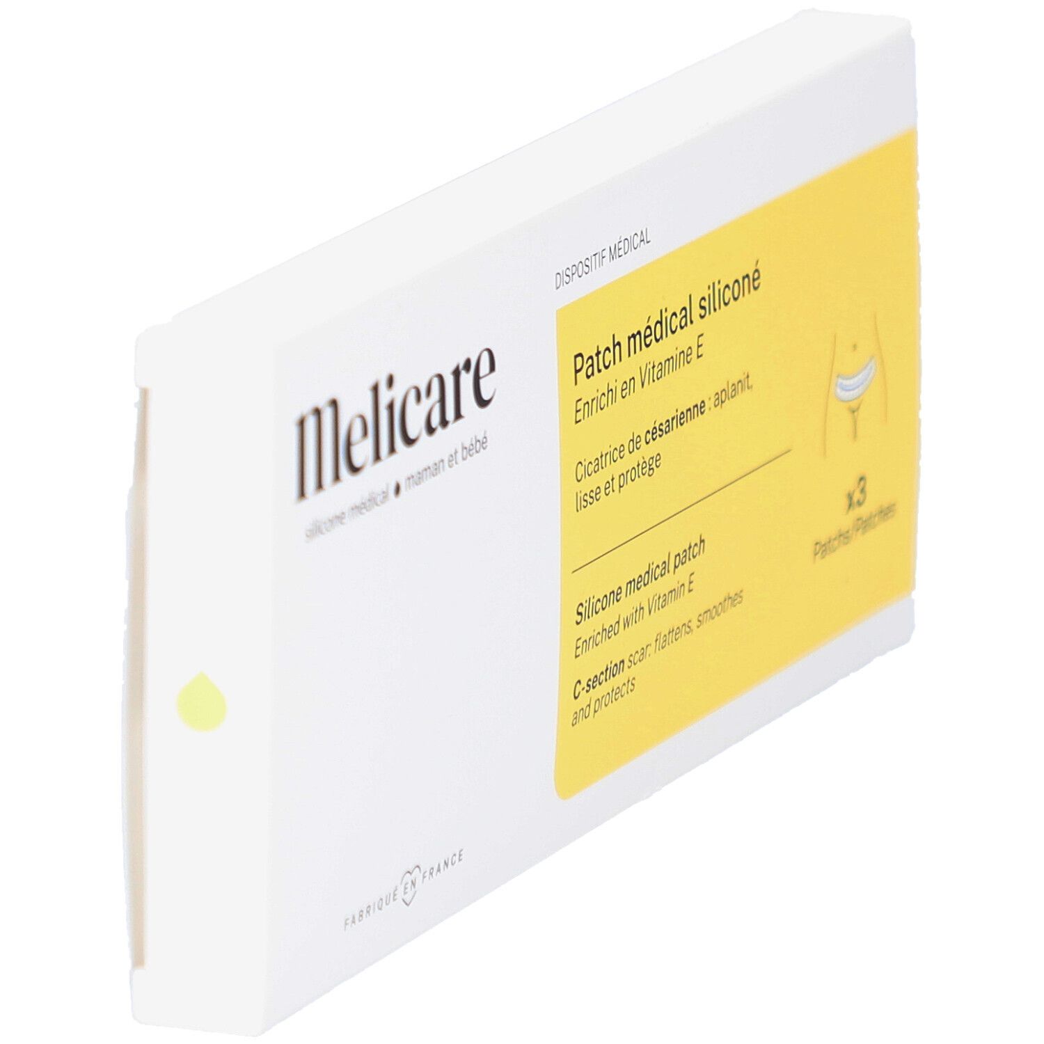 Schuin geplaatste witte verpakking. Opschrift: Melicare, Patch médical siliconé. Bevat 3 patches. Geel vlak.