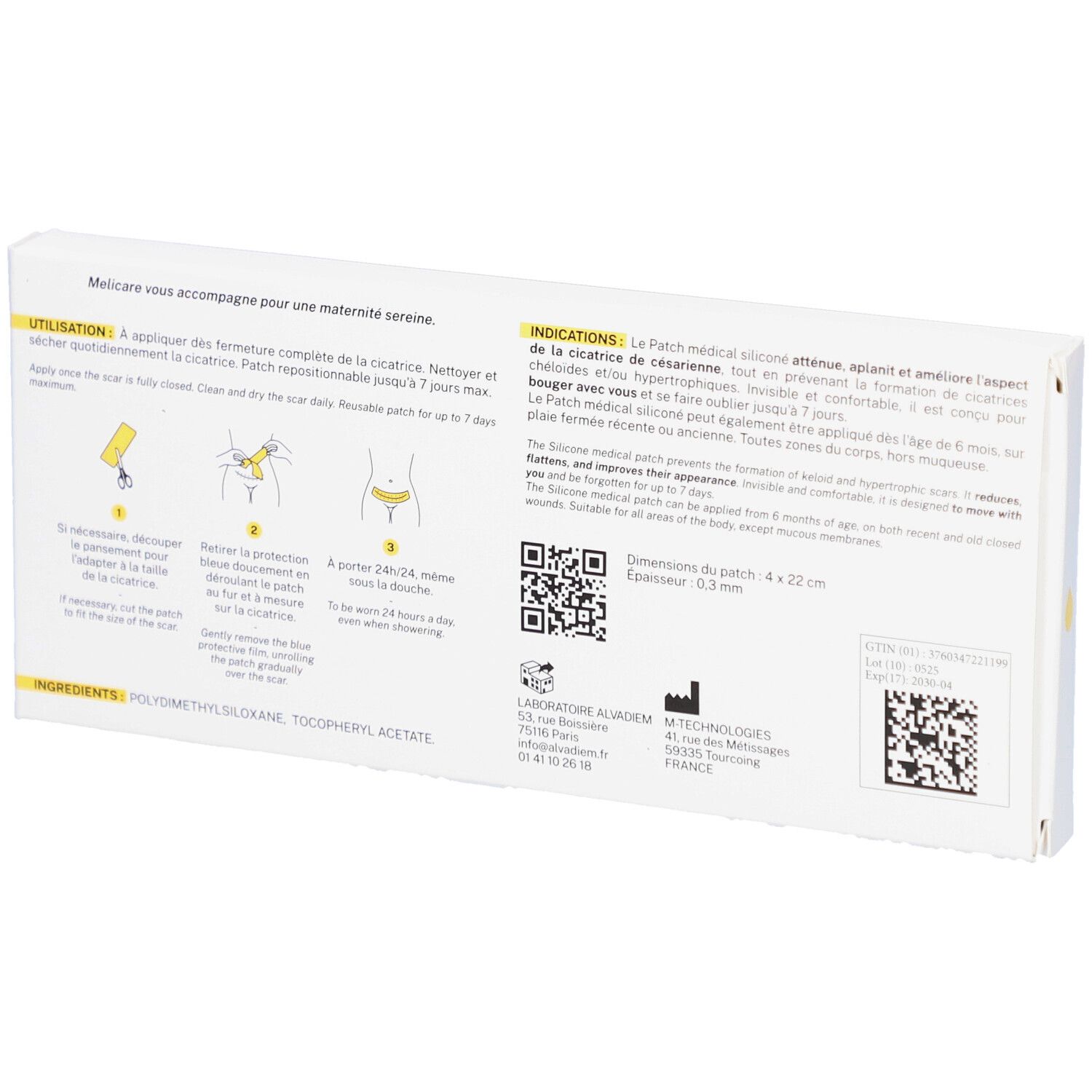 Achterkant van de verpakking. Tekst en illustraties. Informatie over gebruik en ingrediënten. Afmetingen: 4x22cm.