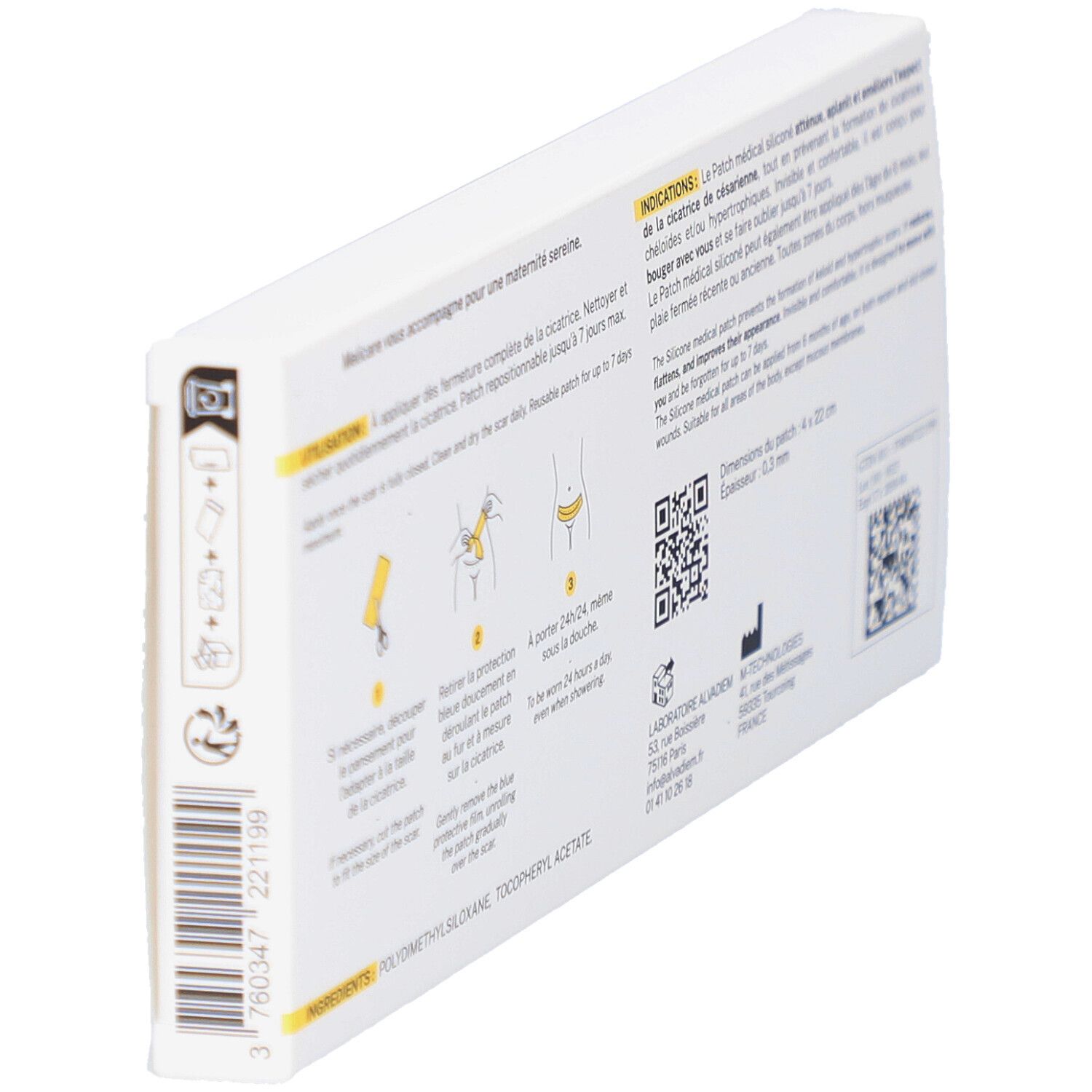 Schuin geplaatste verpakking. Achterkant met tekst en illustraties. Informatie over gebruik en ingrediënten.