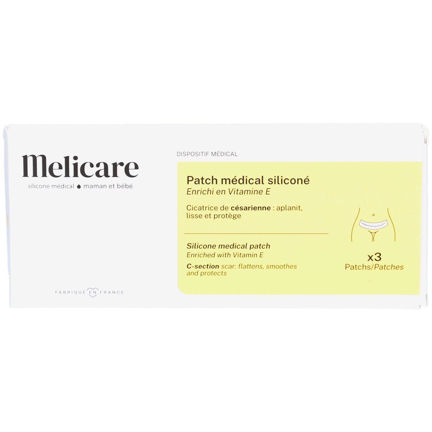Witte verpakking met productinfo. Opschrift: Melicare, Patch médical siliconé. Bevat 3 patches. Medisch hulpmiddel.