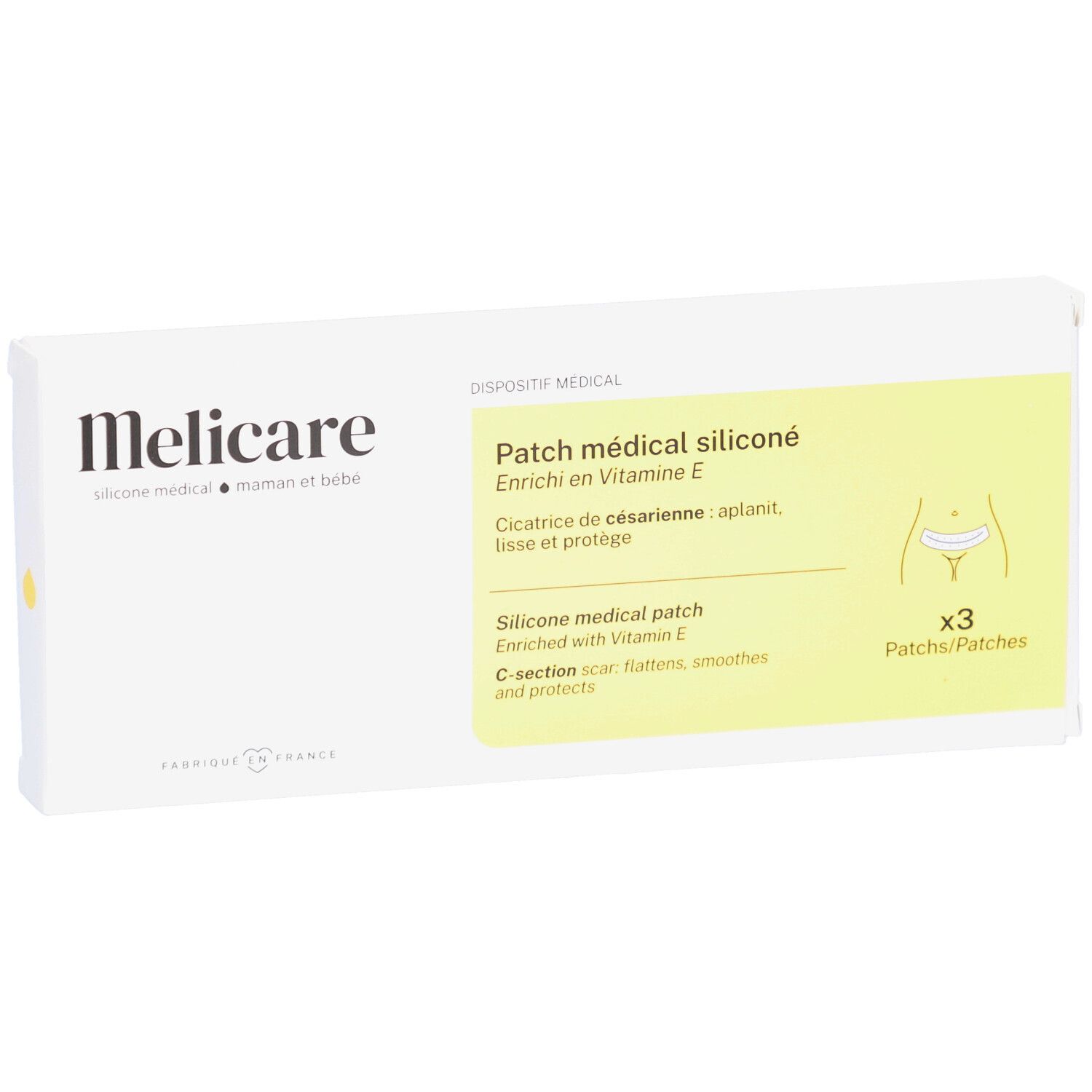 Witte verpakking met productinfo. Opschrift: Melicare, Patch médical siliconé. Bevat 3 patches. Medisch hulpmiddel.