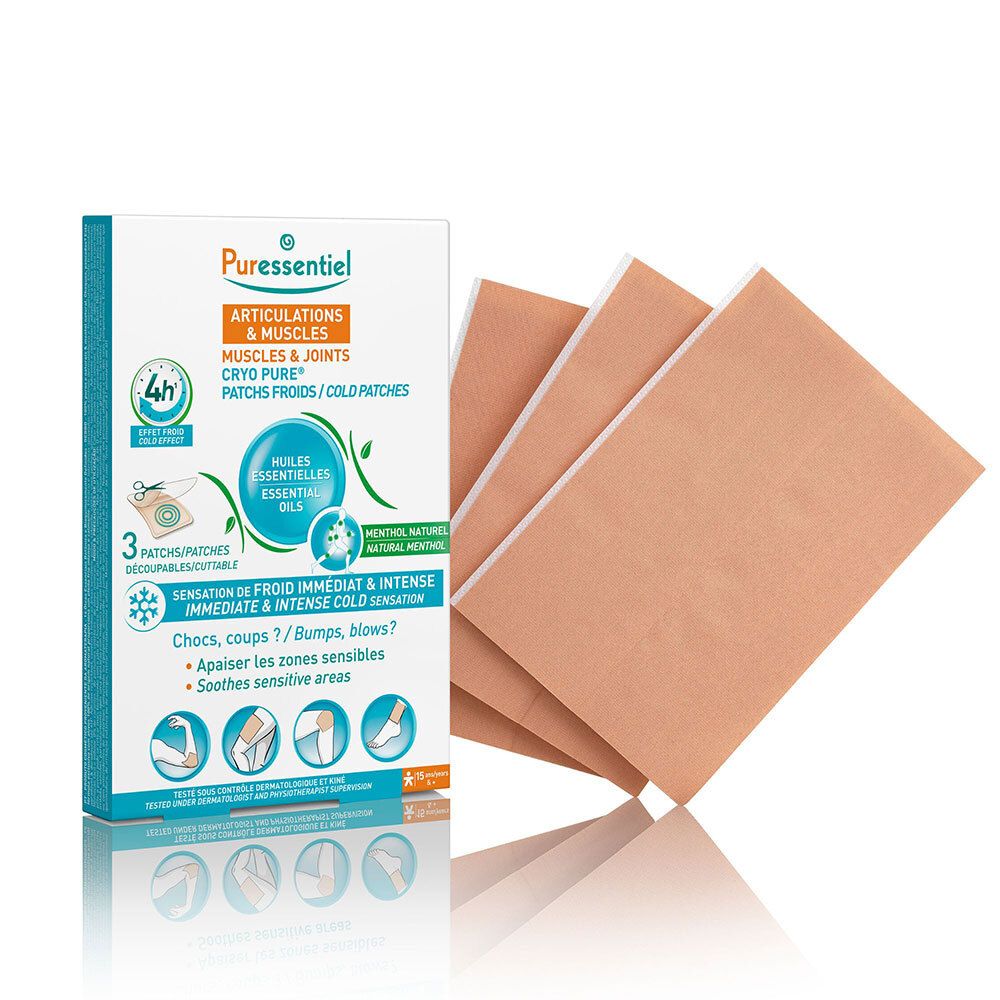 Verpakking met pleisters. Bevat 3 pleisters. Merk: Puressentiel. Tekst: Articulations & Muscles, Cryo Pure.