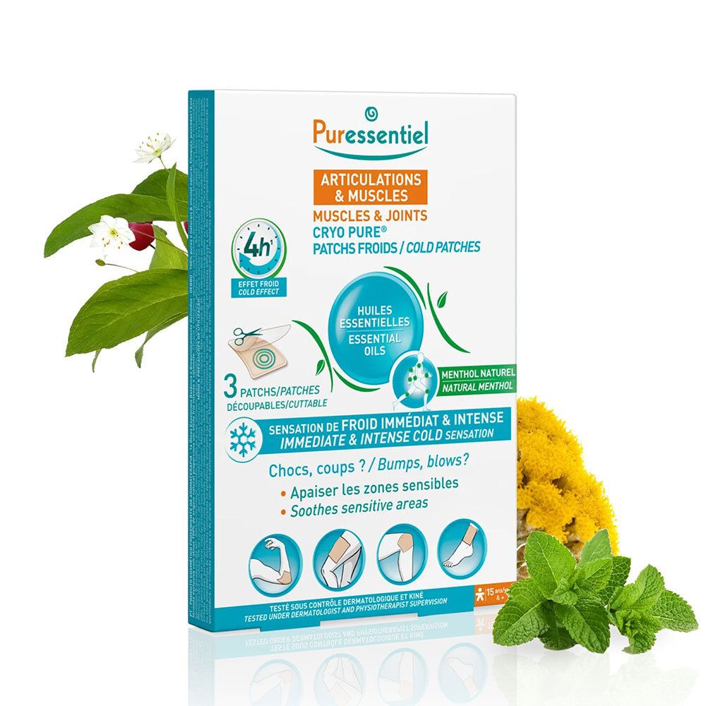 Verpakking met pleisters. Merk: Puressentiel. Tekst: Articulations & Muscles, Cryo Pure. Decoratieve planten.