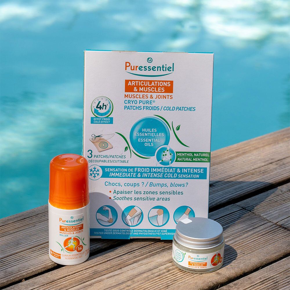 Verpakking met pleisters, roll-on en crème. Merk: Puressentiel. Tekst: Articulations & Muscles, Cryo Pure.