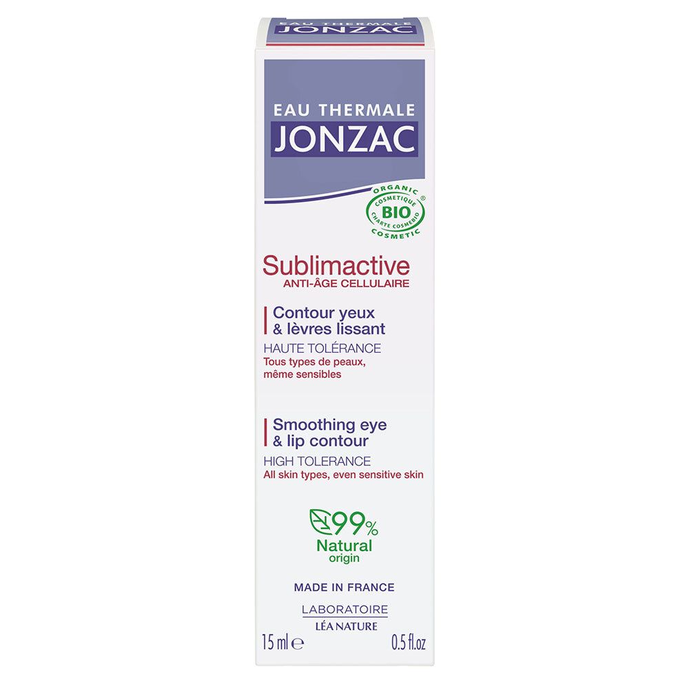 Doos met productinformatie. Bevat een product voor oog- en lipcontouren. Met bio-certificering.