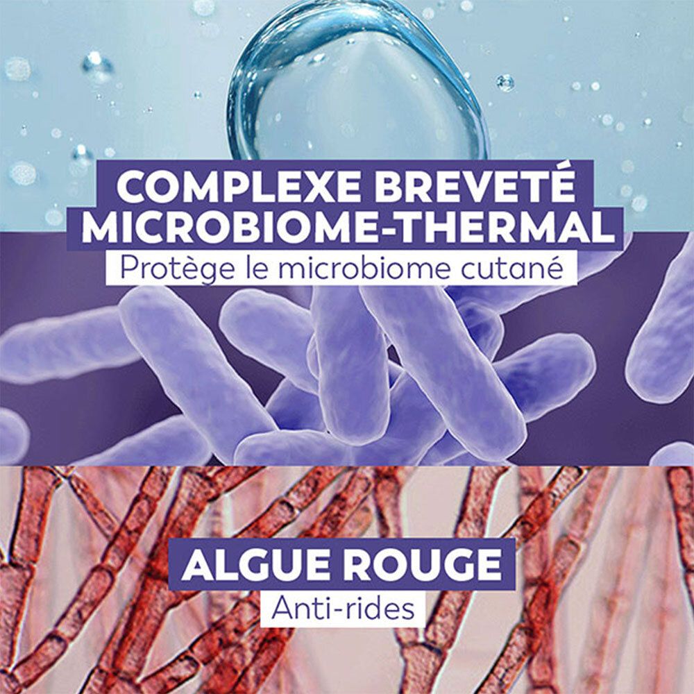 Close-up van micro-organismen en algen. Tekst: Complexe breveté Microbiome-Thermal. Protège le microbiome cutané. Algue rouge Anti-rides.