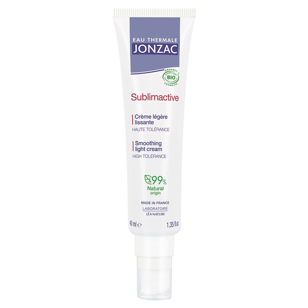 Tube de crème Jonzac Sublimactive. Crème légère lissante. Inscription « 99% d'origine naturelle ». 40ml. Certifié bio.