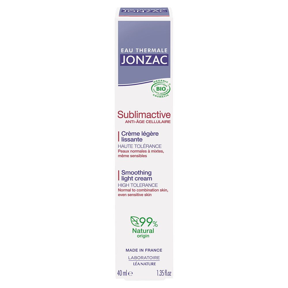 Boîte de crème Jonzac Sublimactive. Crème légère lissante. Pour peaux normales à mixtes. 40ml. Certifié bio.