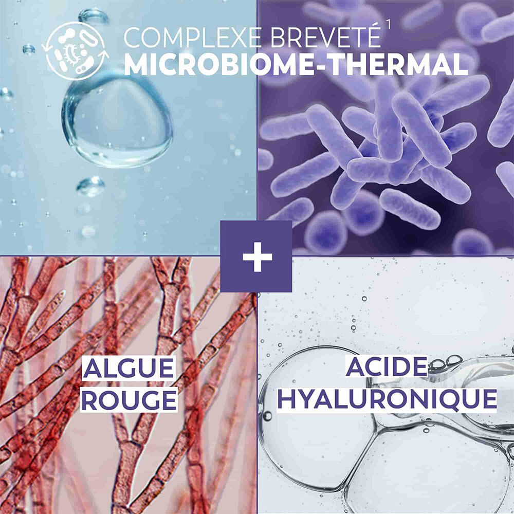 Close-up van ingrediënten: waterbel, bacteriën, rode algen en hyaluronzuur. Tekst: Microbiome-Thermal, Algue Rouge, Acide Hyaluronique.