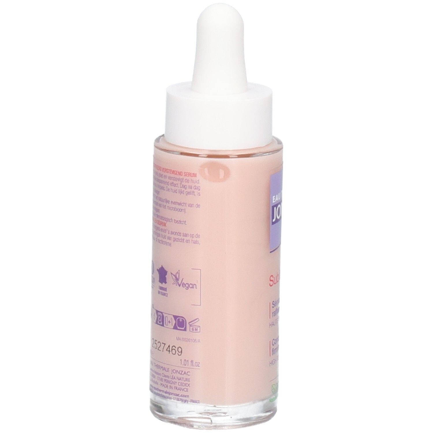 Flacon de sérum avec pipette. Liquide rose. Label Vegan. Texte: JONZAC, Sérum, 1.01 fl.oz.