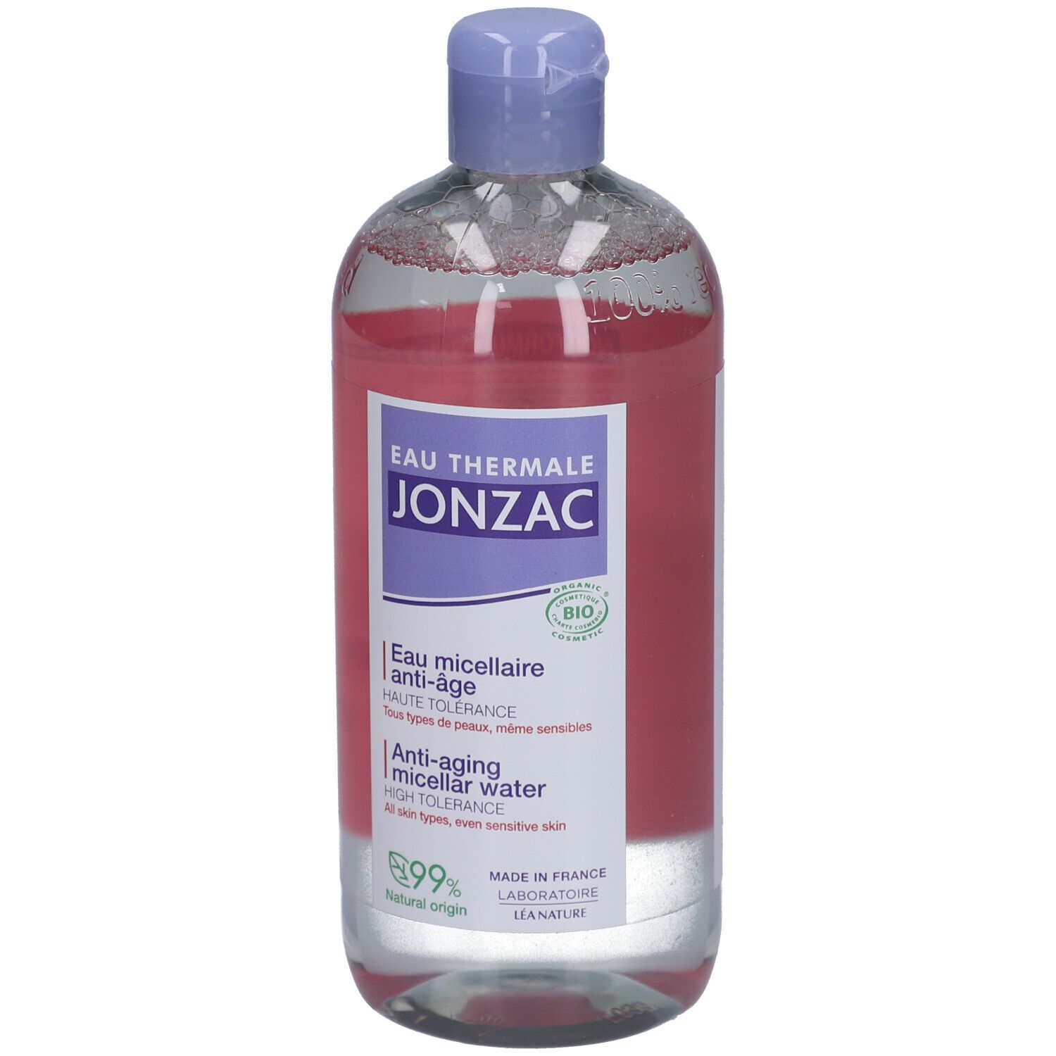 Flacon d'eau micellaire Jonzac. Étiquettes violettes et blanches, bouchon bleu. Anti-âge, peaux sensibles.
