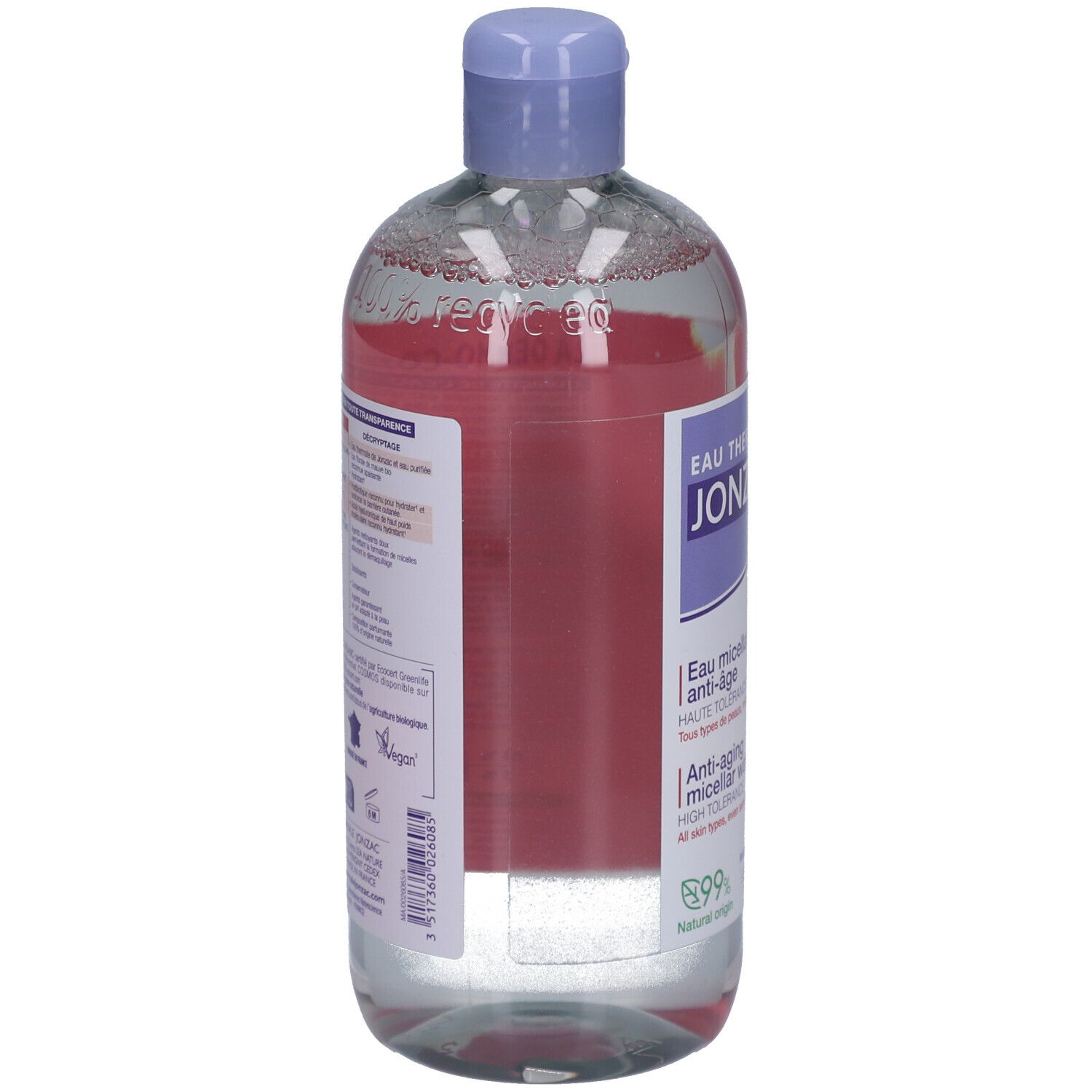 Flacon d'eau micellaire Jonzac. Vue arrière avec étiquettes et informations sur les ingrédients.