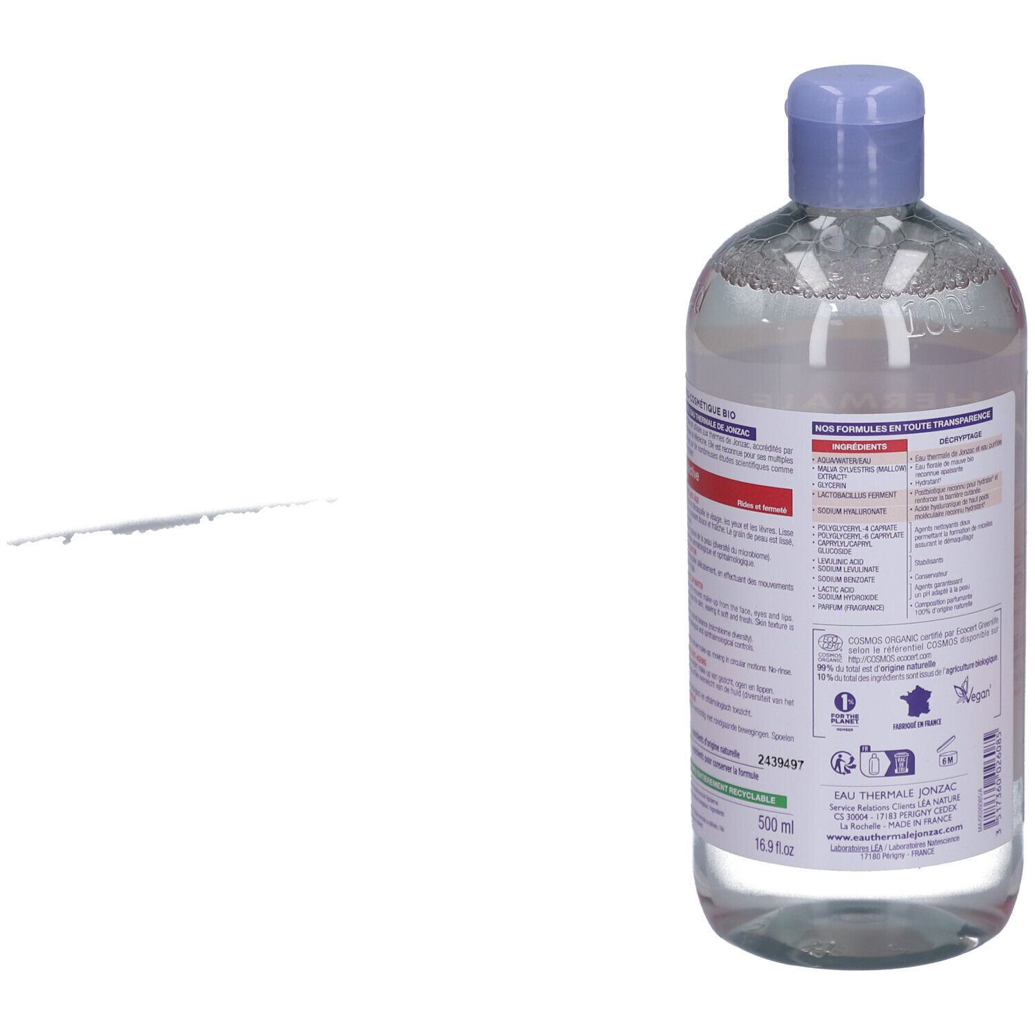 Dos du flacon d'eau micellaire Jonzac. Contient des informations sur les ingrédients et les certifications.