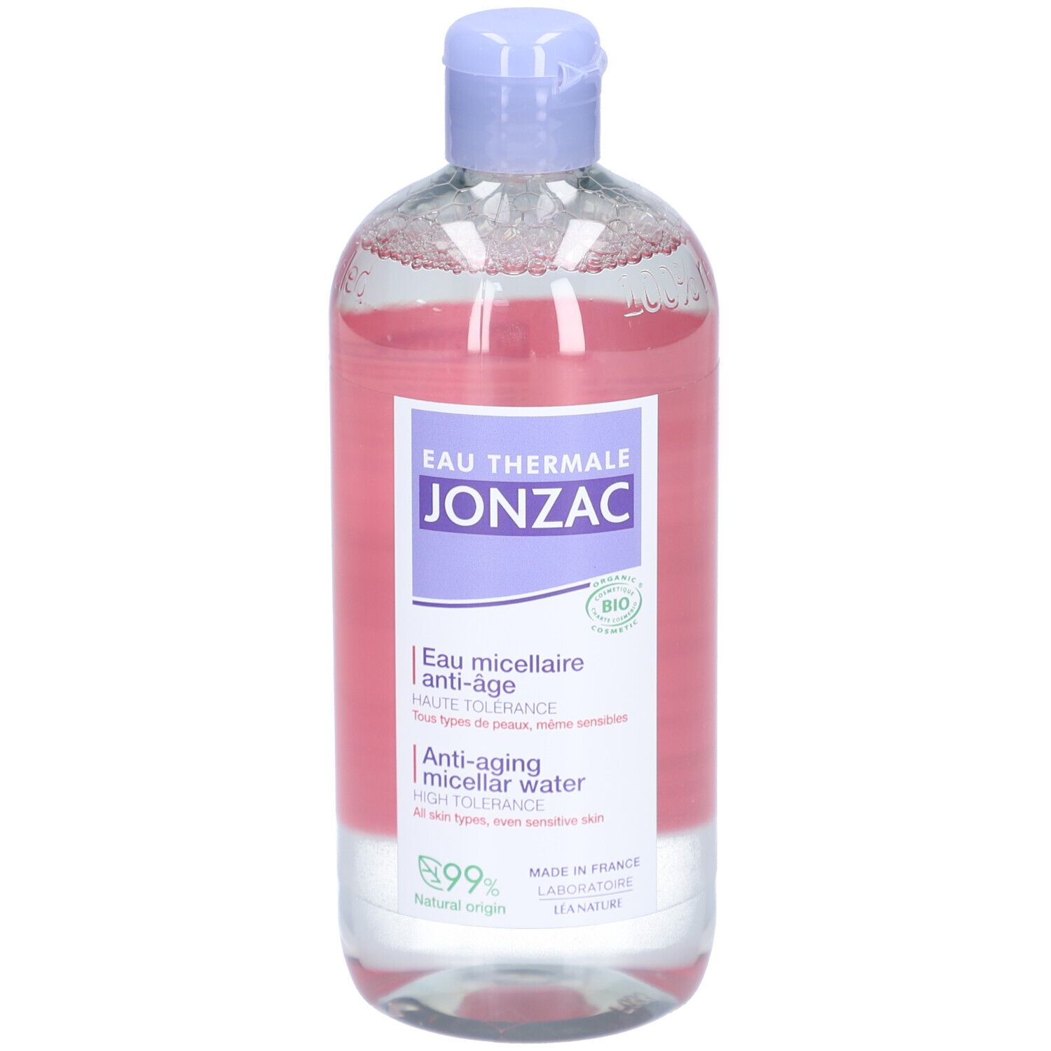 Flacon d'eau micellaire Jonzac. Étiquettes violettes et blanches, bouchon bleu. Anti-âge, peaux sensibles.