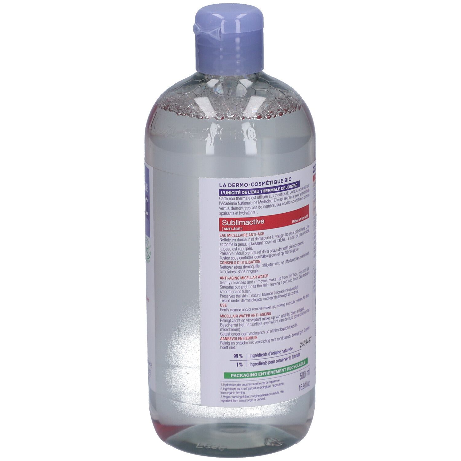 Dos du flacon d'eau micellaire Jonzac. Contient des informations sur les ingrédients et l'utilisation.