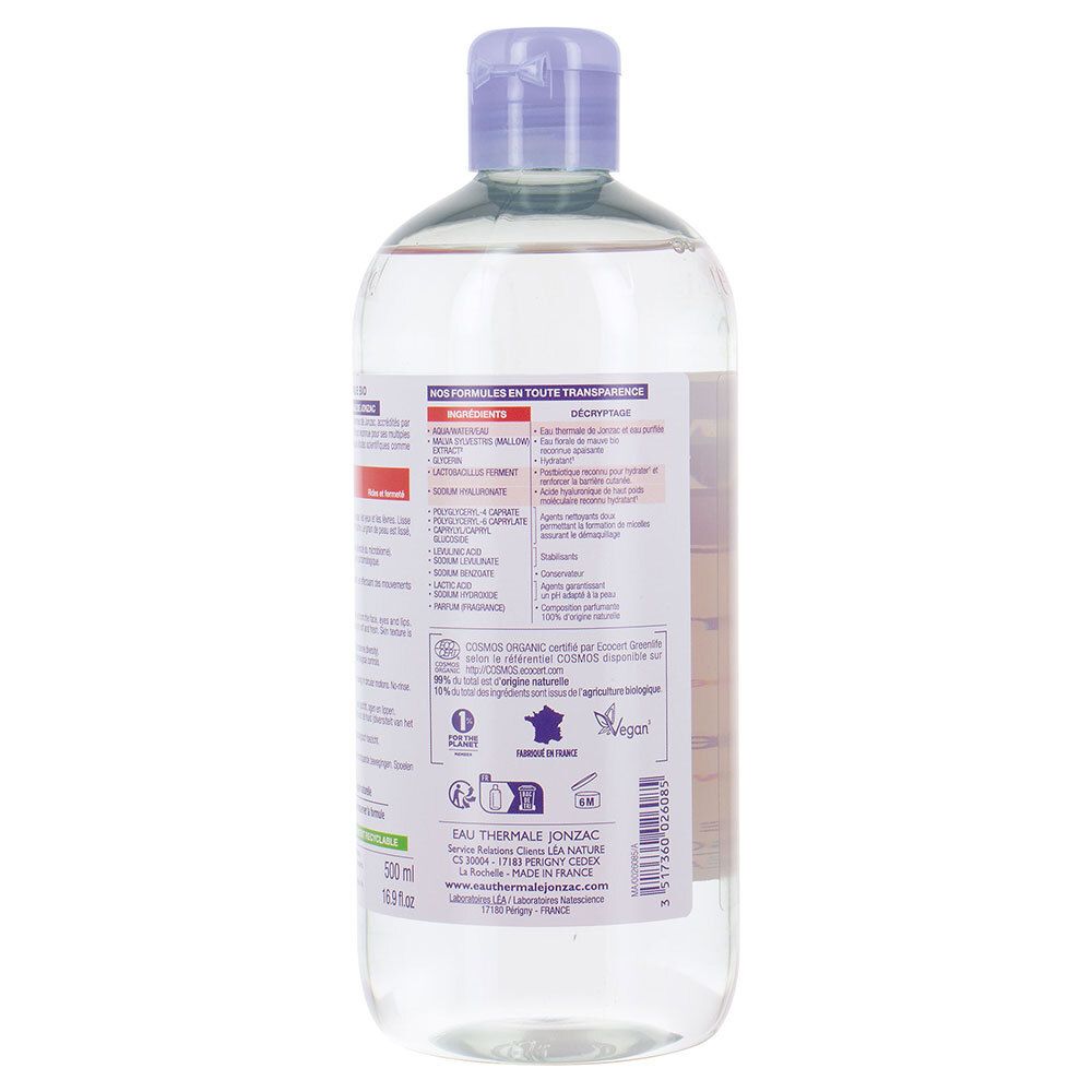 Dos du flacon d'eau micellaire Jonzac. Contient des informations sur les ingrédients et les certifications.