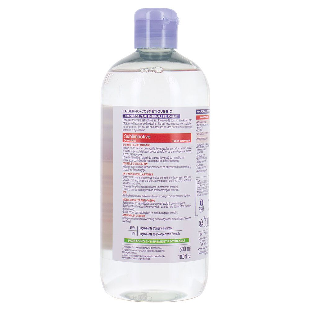 Dos du flacon d'eau micellaire Jonzac. Contient des informations sur les ingrédients et l'utilisation.
