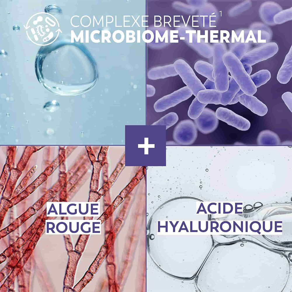 Gros plan sur les ingrédients : microbes, algues et acide hyaluronique. Texte en français.