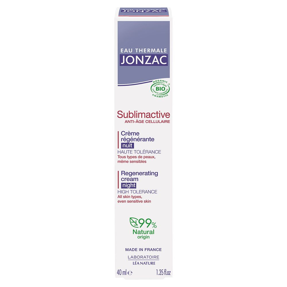 Productverpakking met productnaam en logo. Tekst: Anti-age cellulair, Regenererende nachtcrème, 99% natuurlijk. Bio-certificering.