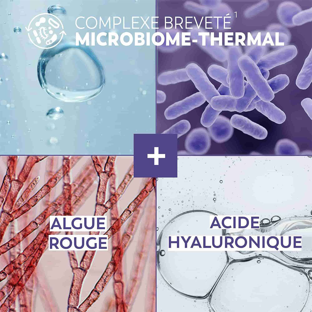 Gros plan ingrédients: eau, bactéries, algues rouges et acide hyaluronique. Microbiome-Thermal, Algue Rouge, Acide Hyaluronique.