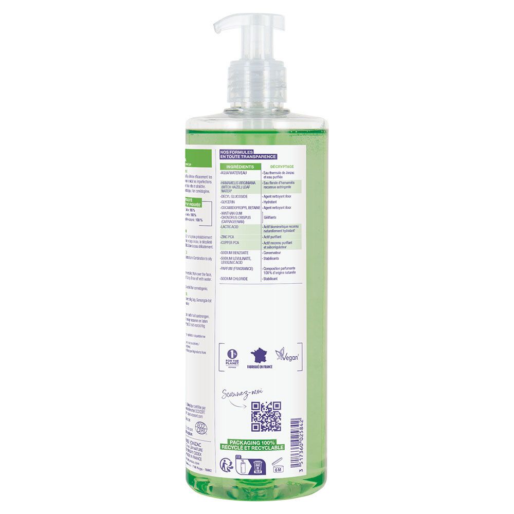 Achterkant van de Jonzac Pure reinigingsgelfles. Tekst in meerdere talen. Ingrediëntenlijst. QR-code. Verpakkingsinformatie.