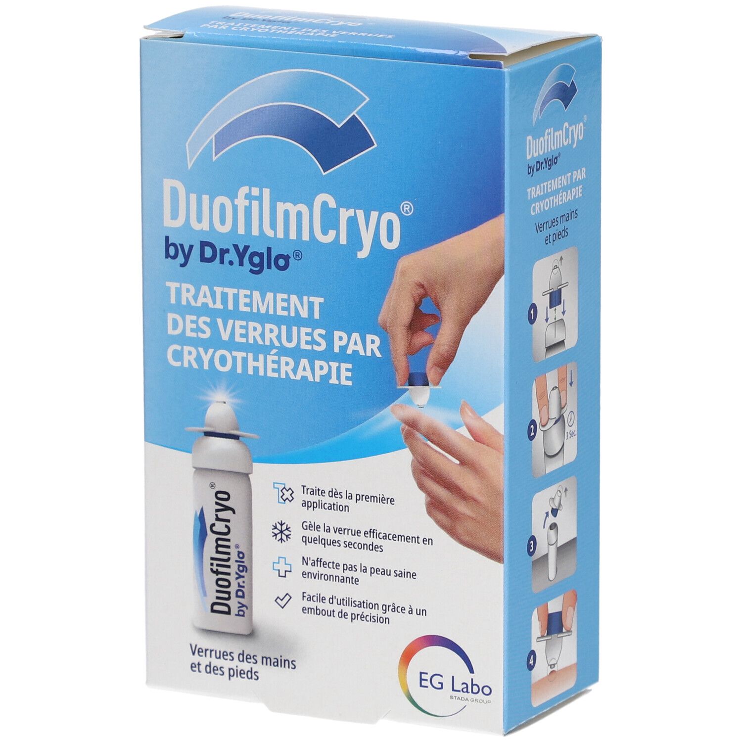 Doos van DuofilmCryo by Dr.Yglo. Behandeling van wratten door cryotherapie. Product en toepassing afgebeeld. Handen en voeten.