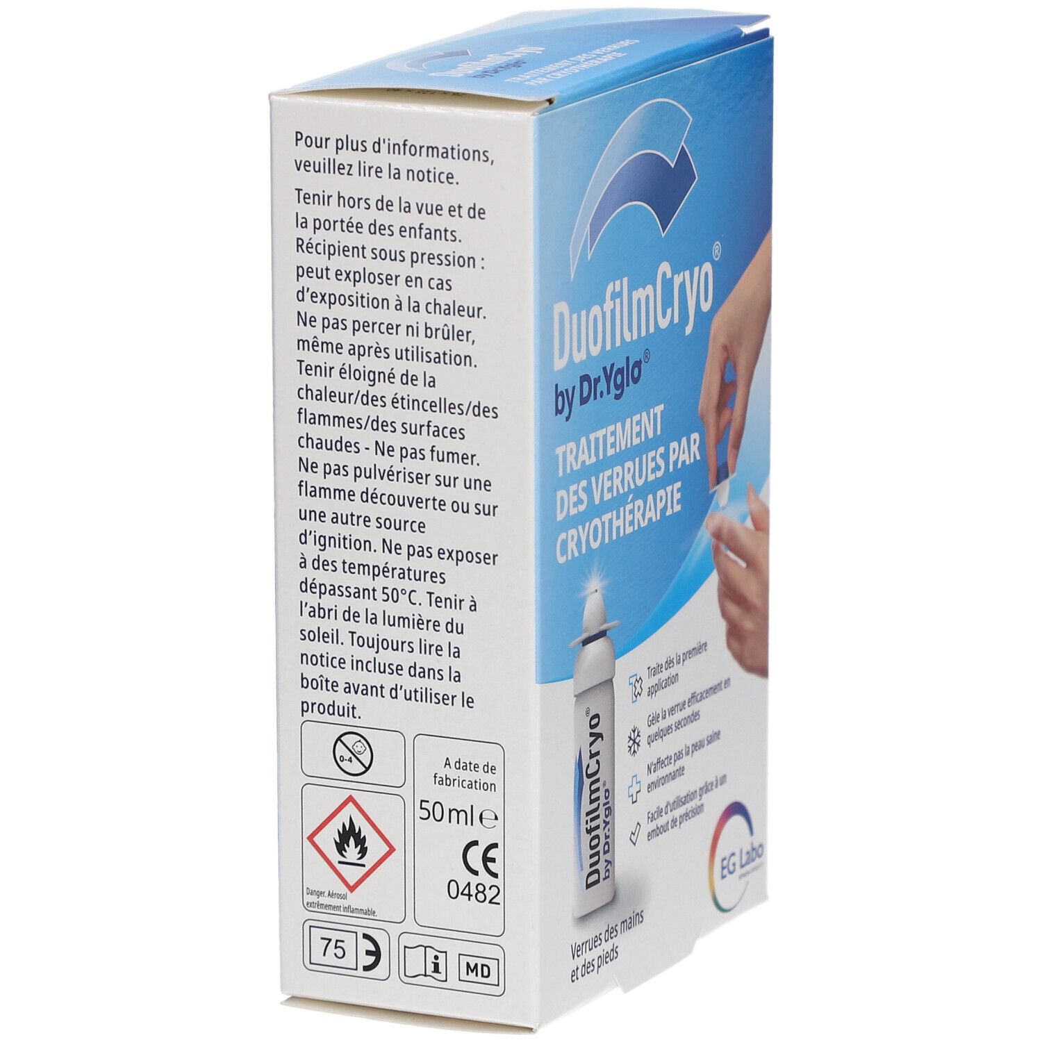 Achterkant van de doos. DuofilmCryo by Dr.Yglo. Behandeling van wratten door cryotherapie. Waarschuwingen, 50ml, CE-markering.
