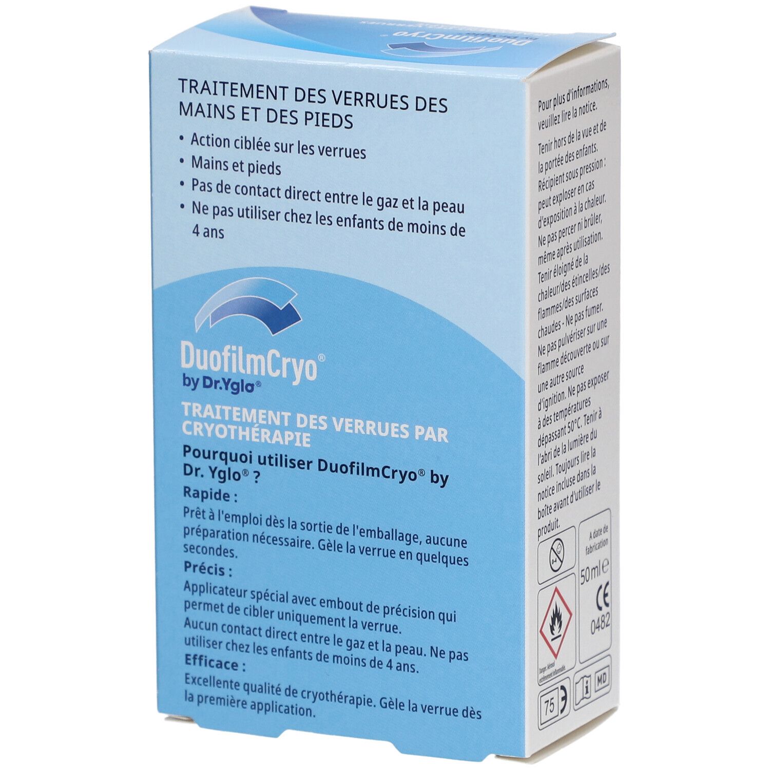 Zijkant van de doos. DuofilmCryo by Dr.Yglo. Behandeling van wratten door cryotherapie. Gebruiksaanwijzing en voordelen.