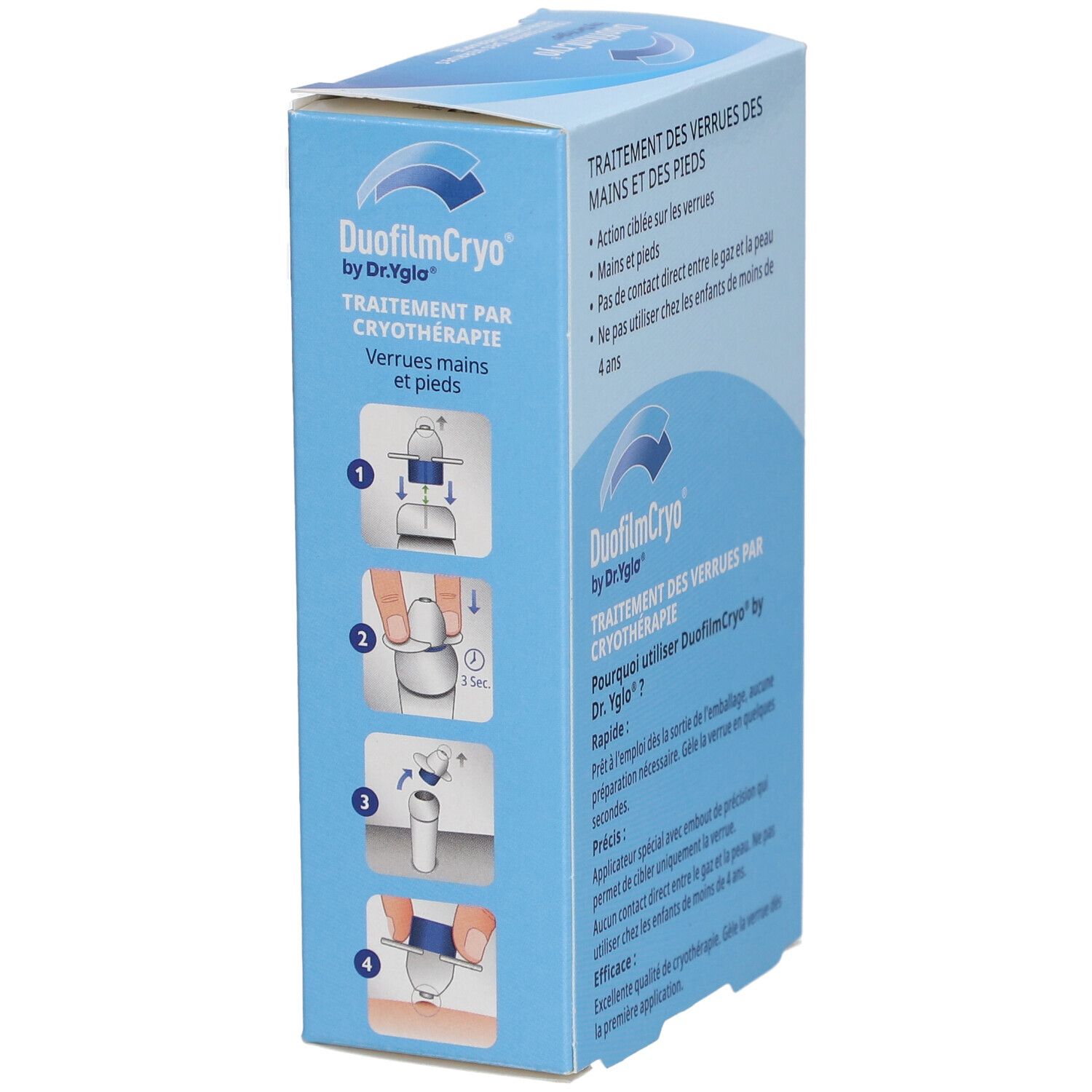 Zijkant van de doos. DuofilmCryo by Dr.Yglo. Behandeling van wratten door cryotherapie. Toepassingsstappen geïllustreerd.