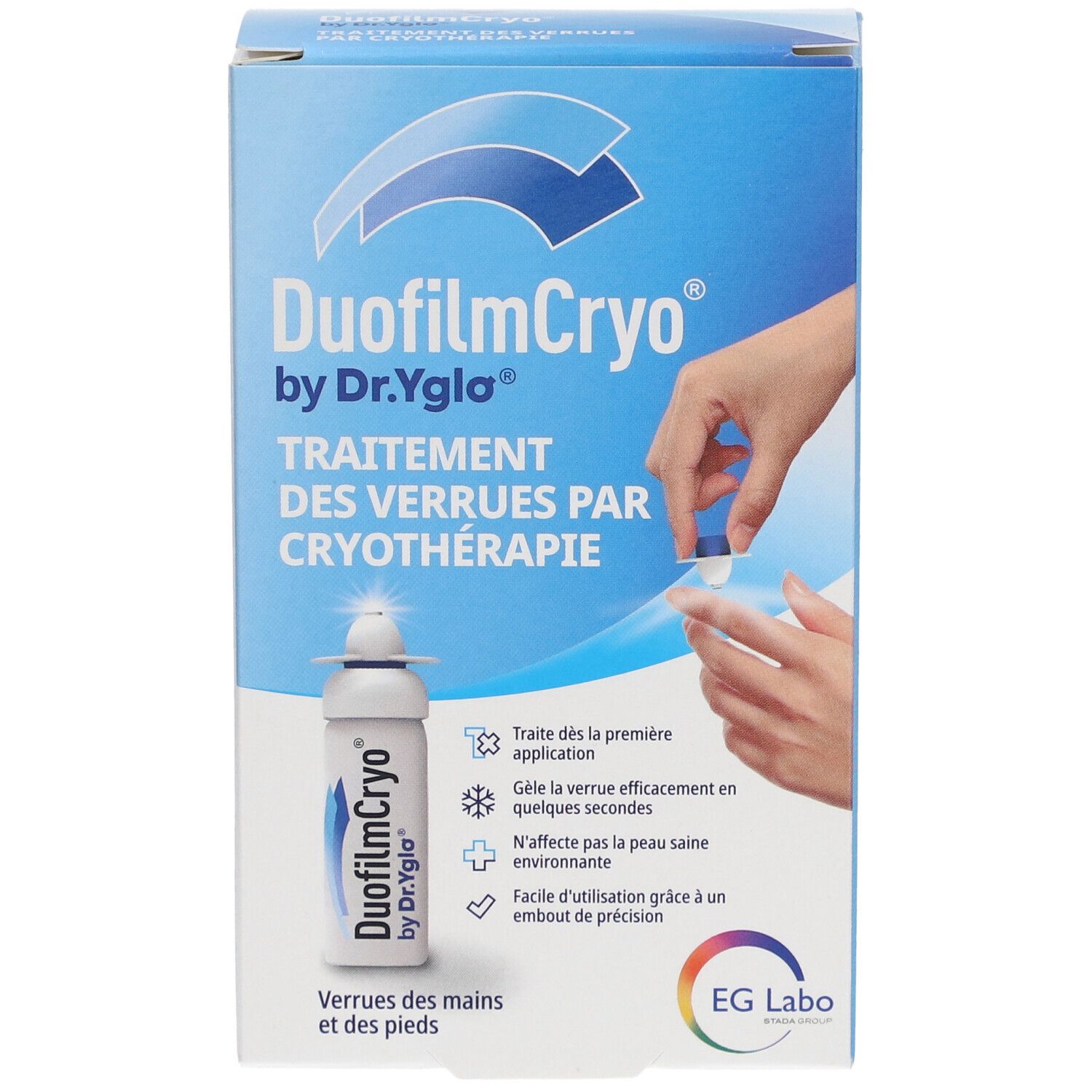 Doos van DuofilmCryo by Dr.Yglo. Behandeling van wratten door cryotherapie. Product en toepassing afgebeeld. Handen en voeten.
