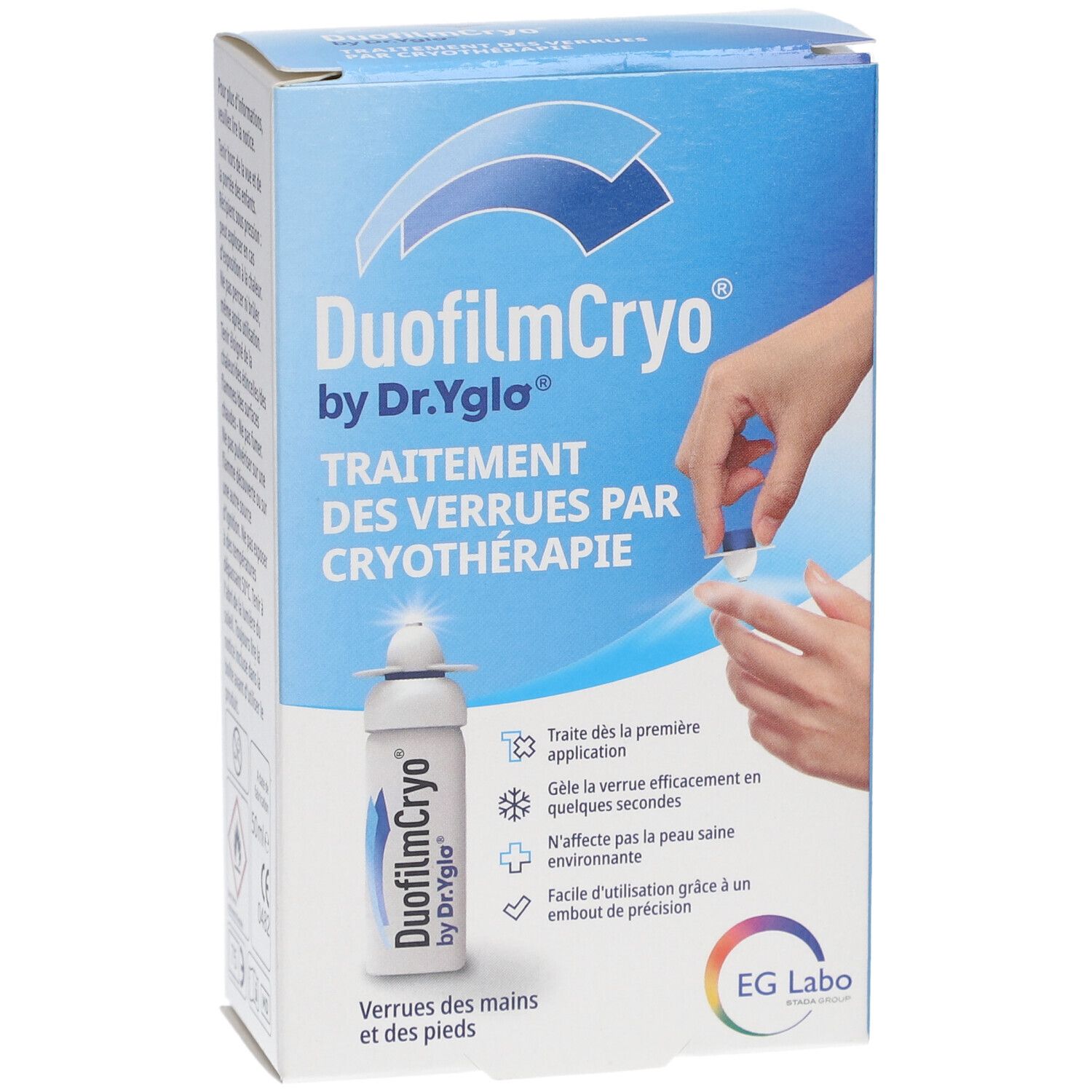 Doos van DuofilmCryo by Dr.Yglo. Behandeling van wratten door cryotherapie. Product en toepassing afgebeeld. Handen en voeten.